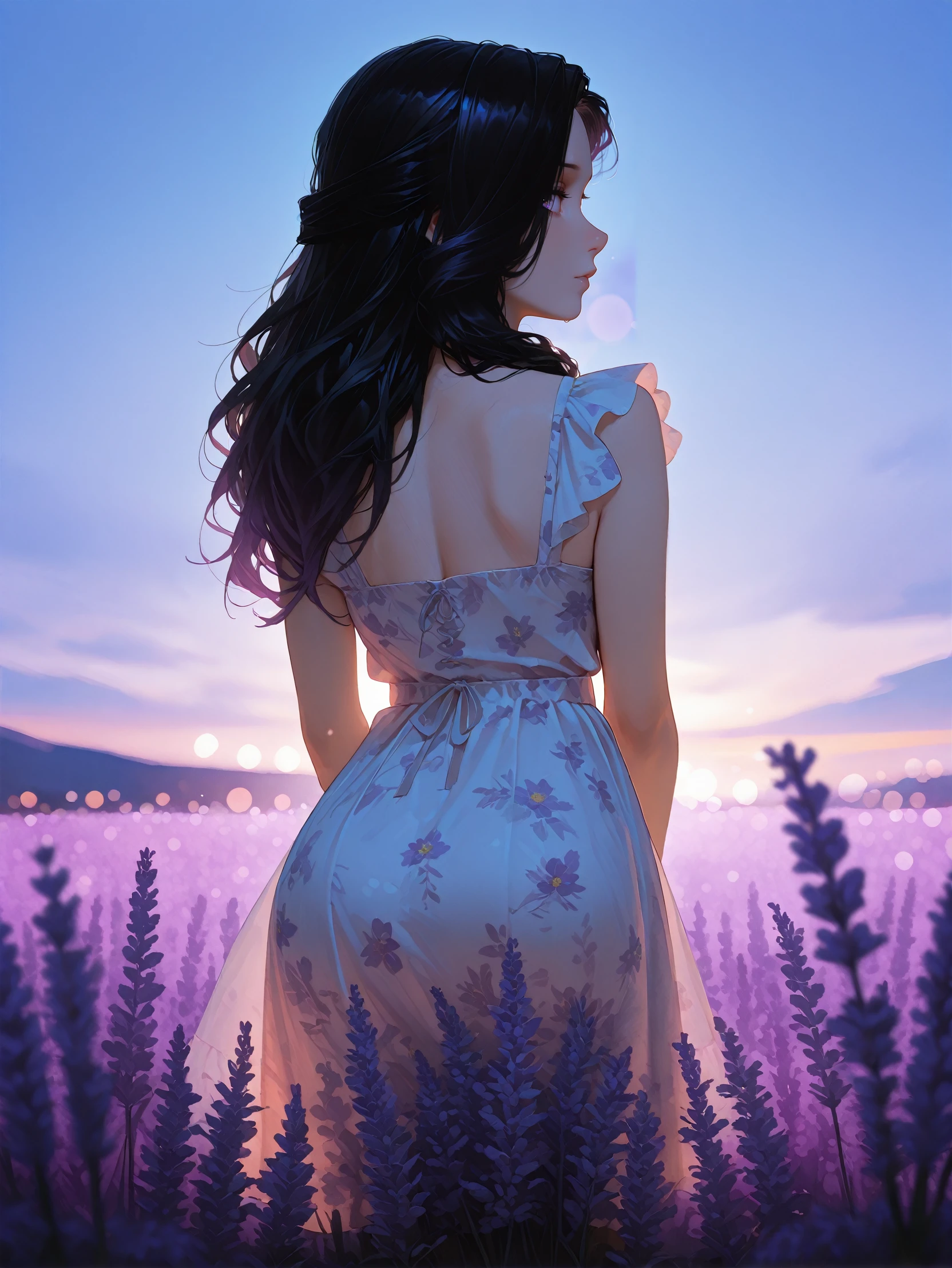 masterpiece, best quality, amazing quality, very aesthetic, absurdres, newest,
<lora:ILTW3Yennefer:1.0>
TW3Yennefer, 1girl, black hair, purple eyes, long hair, looking at viewer, floral sundress, lavender field, sunset glow, soft bokeh, ultra-high-definition, painterly details, from behind, looking at viewer