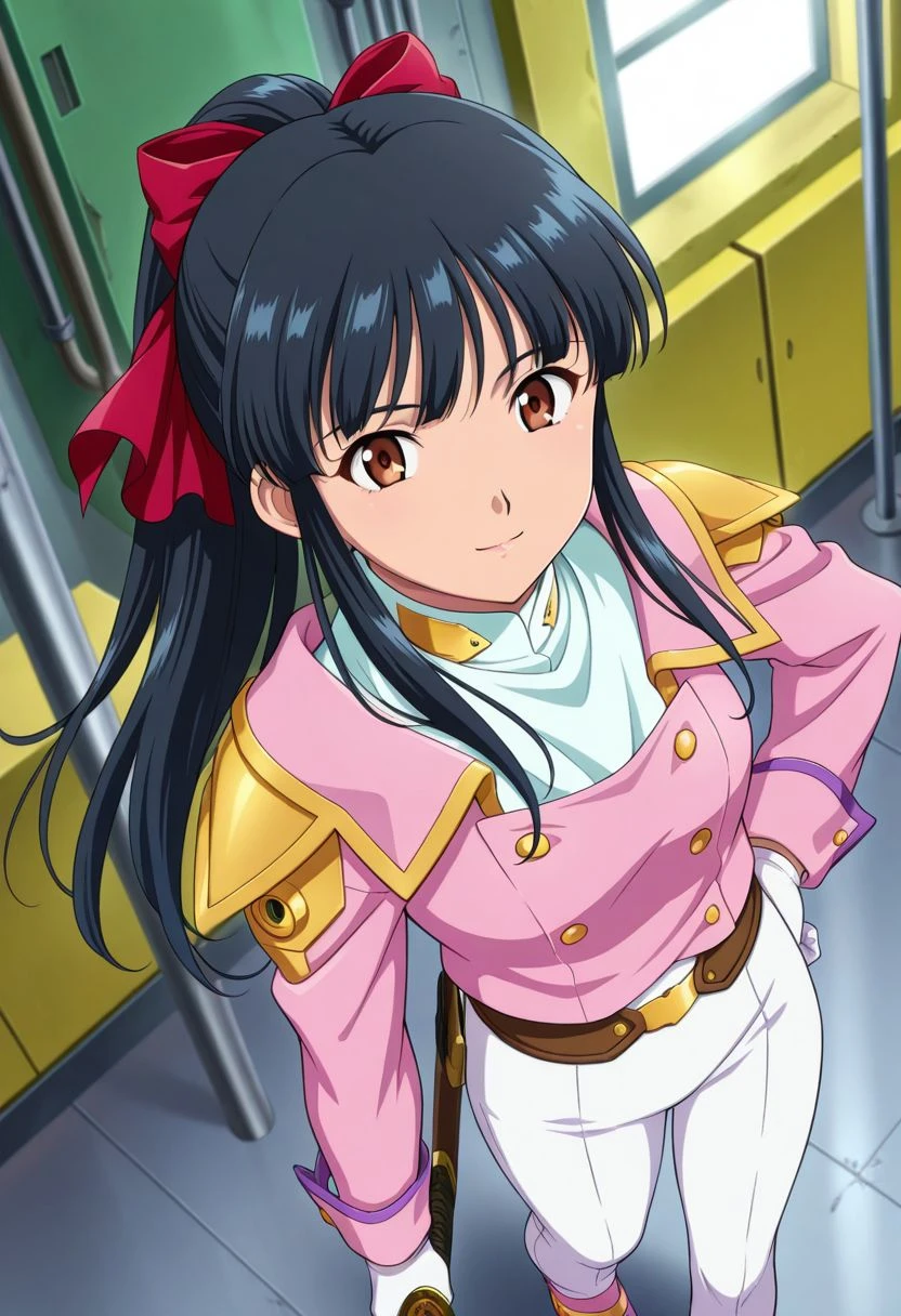 detailed eyes, beautiful, detailed background, perfect eyes,
source_anime, very aesthetic, anime coloring, masterpiece, official art,
<lora:HandFineTuning_XL:1>
BREAK,
factory, sci-fi, blurry background,
full body, dynamic angle, long legs, from above,
hand on hip, light smile, holding katana, sheath,
BREAK,
<lora:shinguji_illustrious_v01:0.9>
sakuraSt, black hair, hair ribbon, red ribbon, brown hair, ponytail, red bow, sidelocks, bangs,
white pants, uniform, military uniform, pink jacket, white gloves, white ascot,
pink shoes,