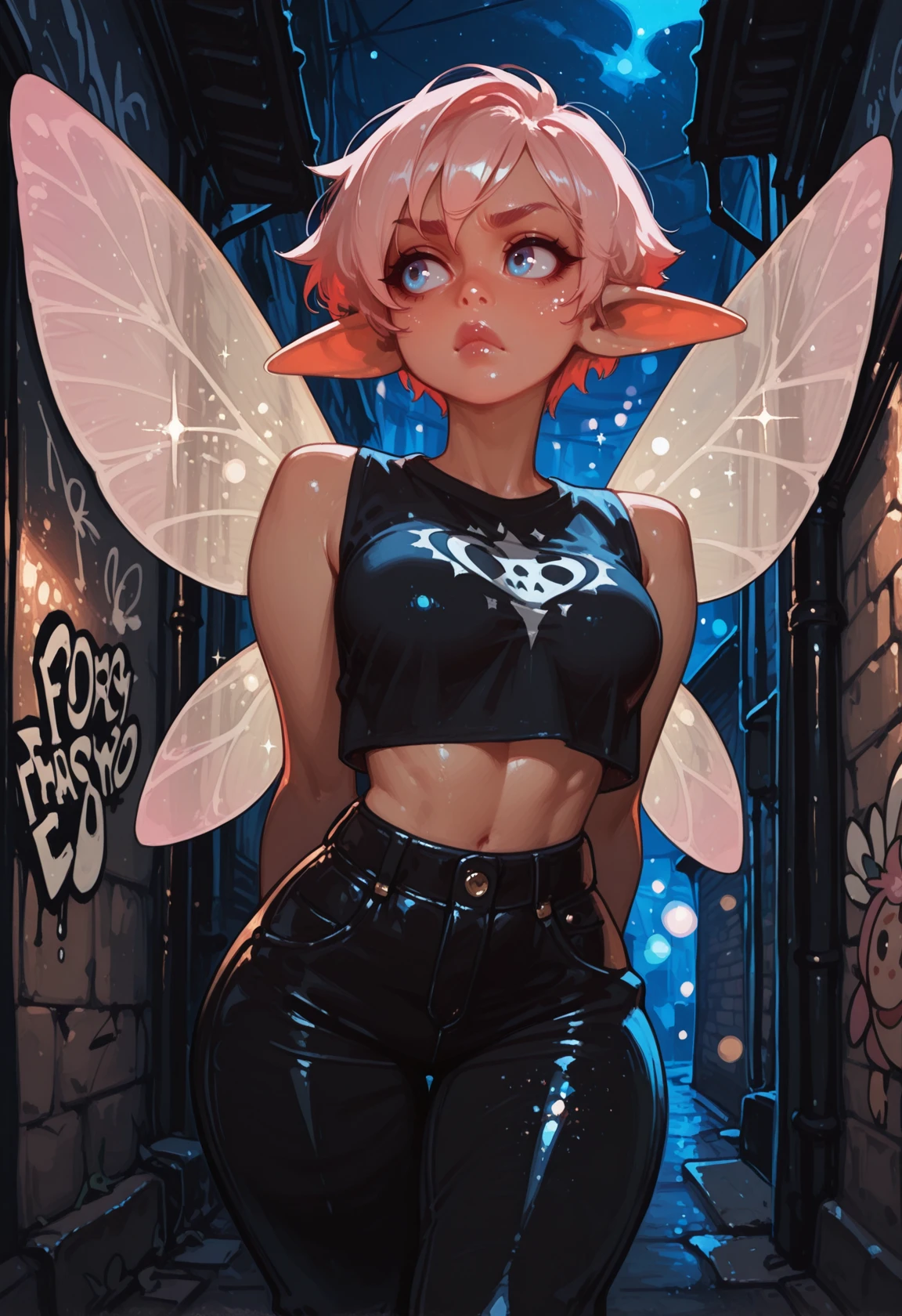 masterwork, masterpiece, best quality, dynamic lighting , dynamic pose, depth of field, bokeh, alley
(lineless:1.5) ,<lora:B-mixxxlora:1.5>
confident, solo, (big lips:0.5), sassy, 1girl, boyish, skinny, tomboy, fairy, fairy wings, pointed ears, light pink hair, fantasy, big eyes, glitter, sparkly, (wide hips:1.1), medium breasts, hands behind back, pout, looking to side, punk clothing, graffiti wall, night, nighttime, dark lips, pants, midriff