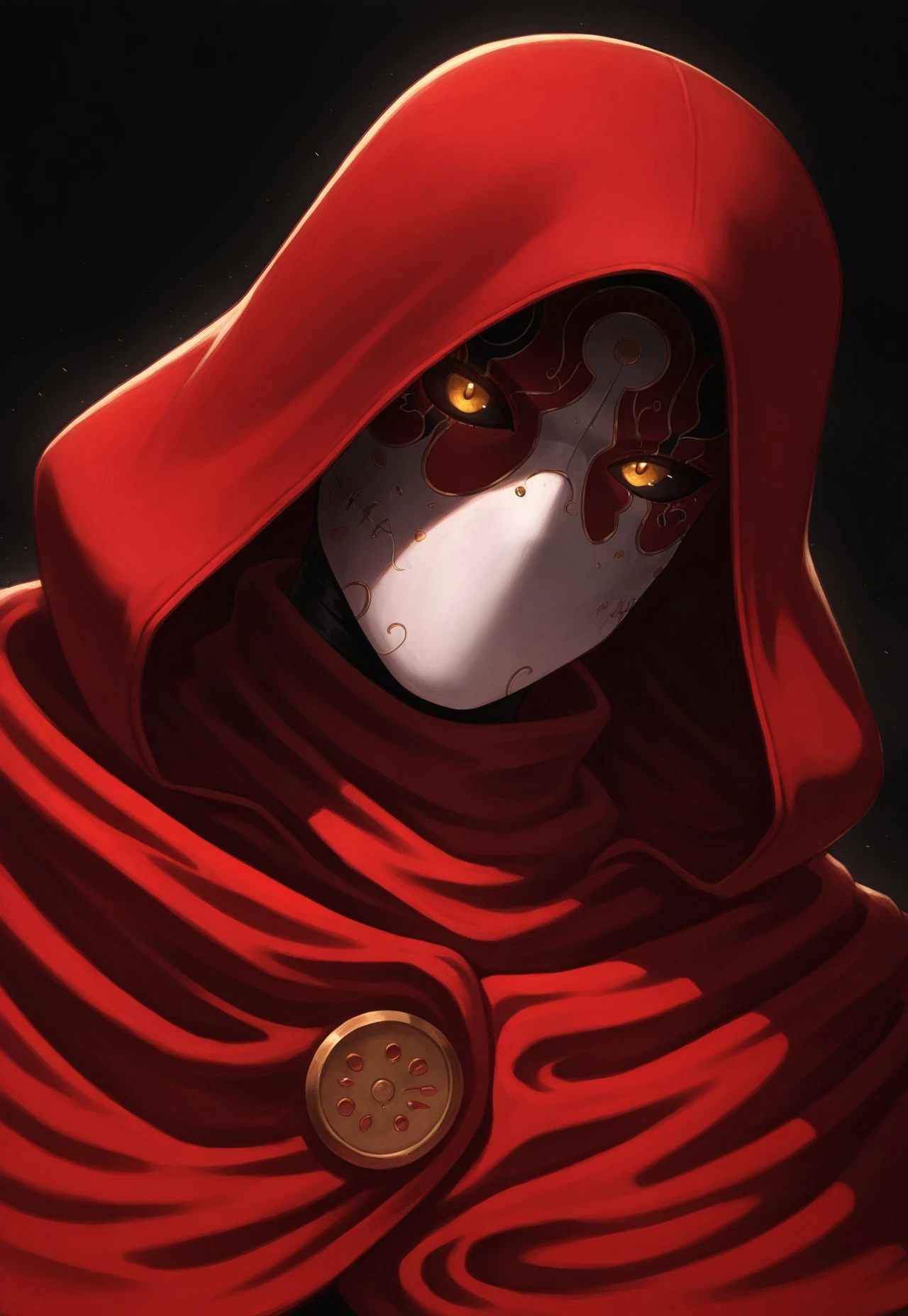 masterpiece, best quality, amazing quality, very aesthetic, absurdres, newest, jackOfBlades, 1boy, solo, mask, yellow eyes, hood, cloak, glowing eyes, black sclera, portrait, close-up, intimidating, sadism, obscured face, shadow, head tilt, dutch angle, no mouth, no jaw, from side, black background