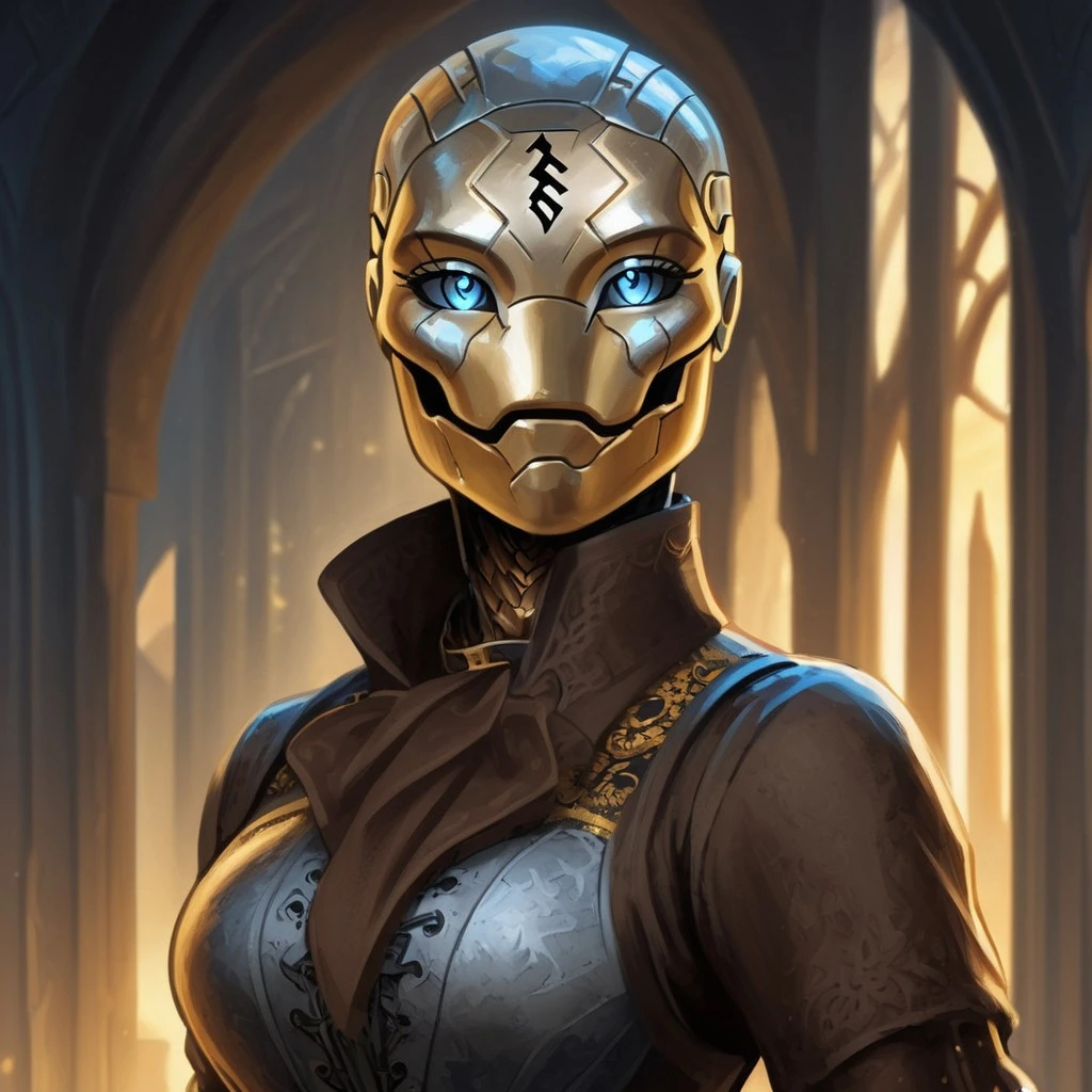 (((detailed, beautiful, high quality))), score_9, score_8_up, score_7_up, upper body, solo, 
warforged, robot monster, metal body, black sclera, rune on forehead, wooden hinges,
1 girl, blue eyes, golden skin, black corset, 
looking at the viewer, posing, 
fantasy background, blurred background,