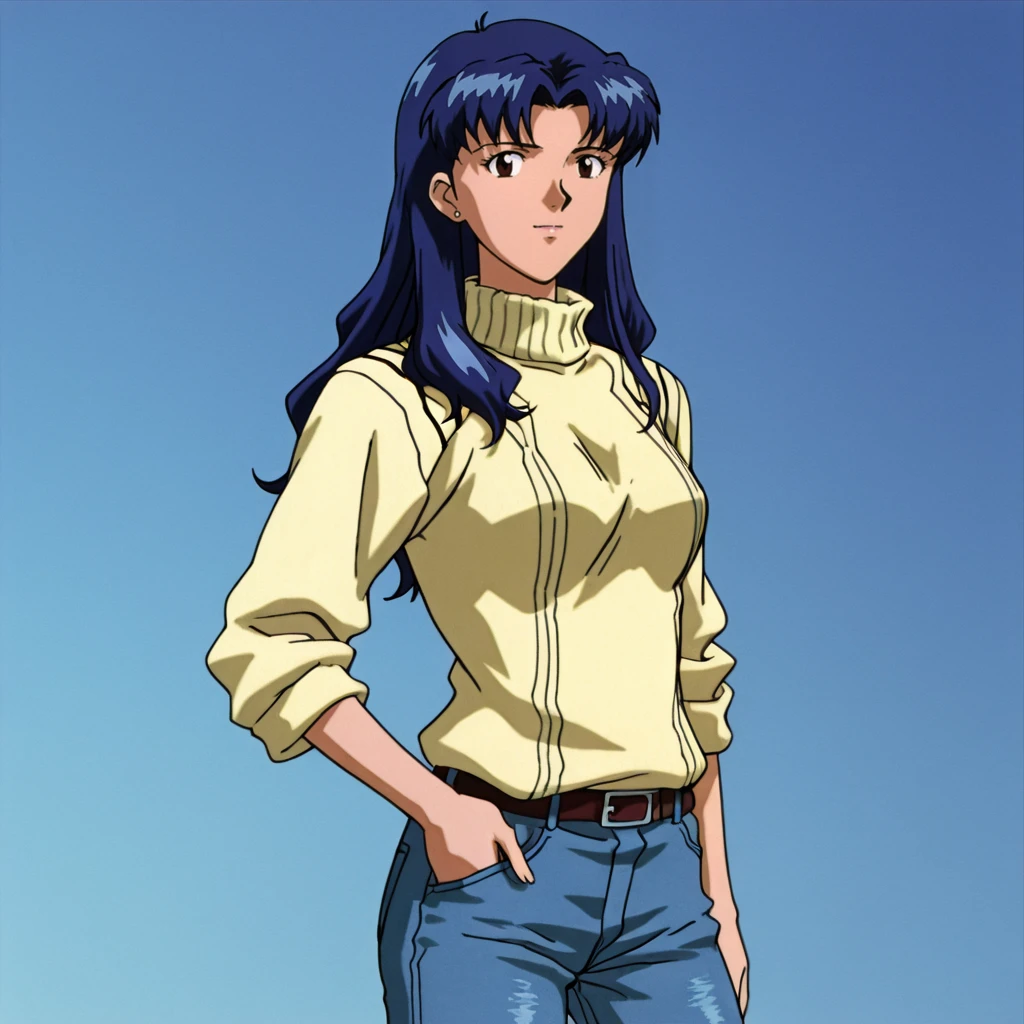 <lora:Misato_illustrious_v1:1> Misato, katsuragi misato, 1girl,solo, long hair, brown eyes, blue hair,,cowboy shot, sweater, jeans