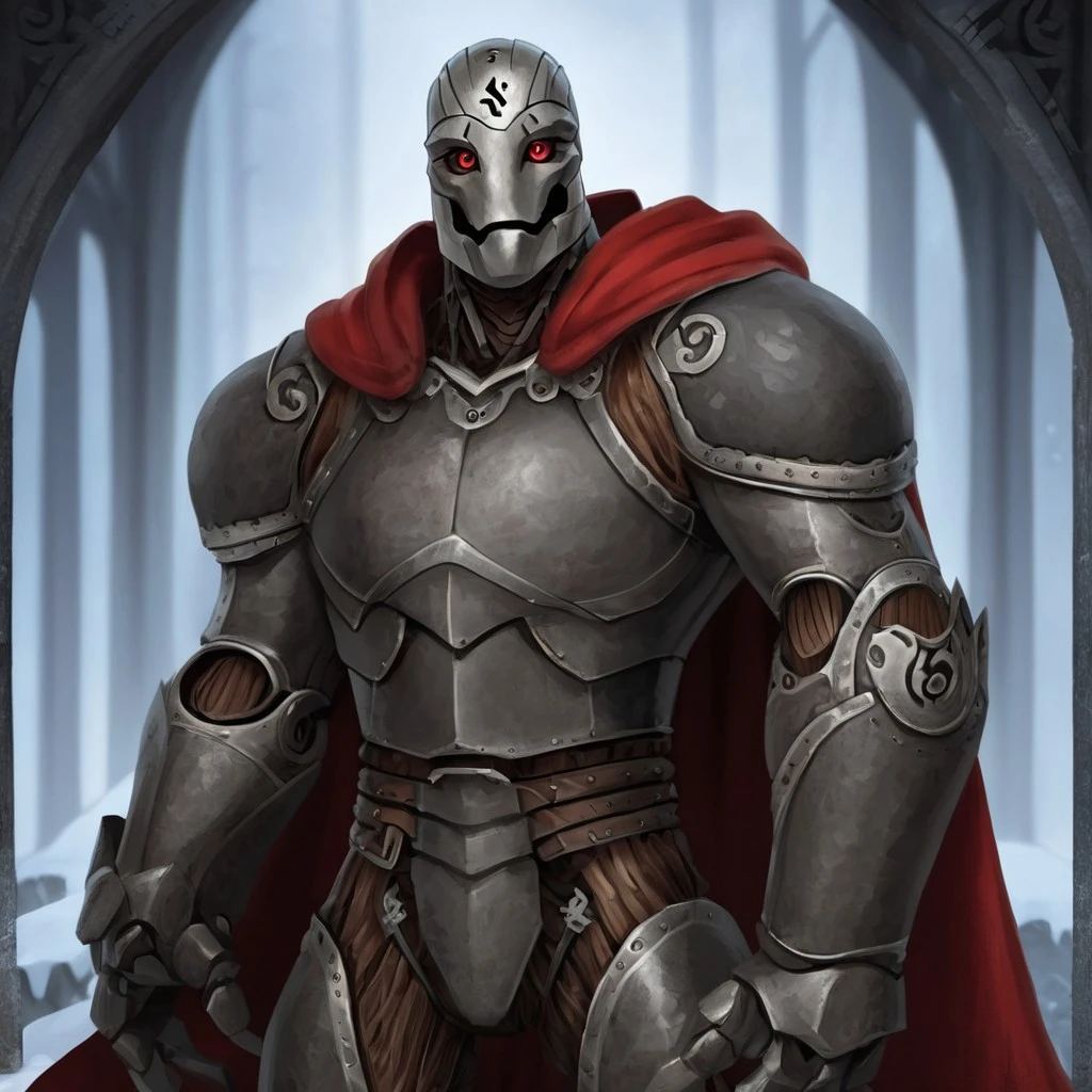 (((detailed, beautiful, high quality))), score_9, score_8_up, score_7_up, upper body, solo,
warforged, robot monster, metal body, black sclera, rune on forehead, wooden hinges,
1 male, red eyes, black skin, red cape,
looking at the viewer, posing,
fantasy background, blurred background,