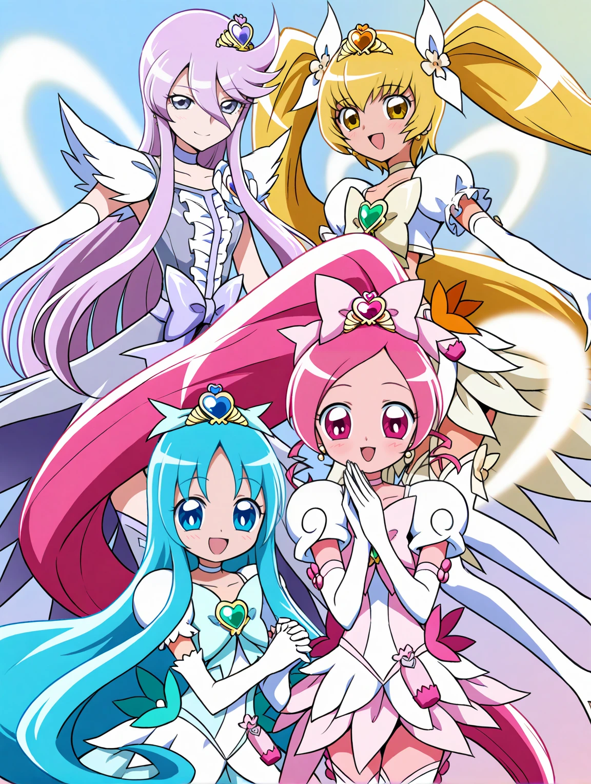 (4girls:2),
BREAK
BREAK
BREAK
BREAK (moonlight final,pale purple hair),
BREAK (sunshine final,blonde hair),
BREAK (marine final,blue hair),
BREAK
BREAK (blossom final,pink hair),
BREAK anime coloring,
BREAK <lora:cure heartcatch:1>,