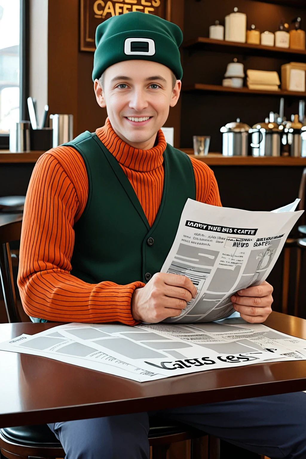 masterpiece, good quality, best quality, very awa, very as2, absurdres, highres
<lora:GoofyiIllustriousLoRA:1>gfy, buck teeth, 1boy, gloves, green hat, sweater, vest, pants, shoes, sitting in a cafe, holding a news paper, happy