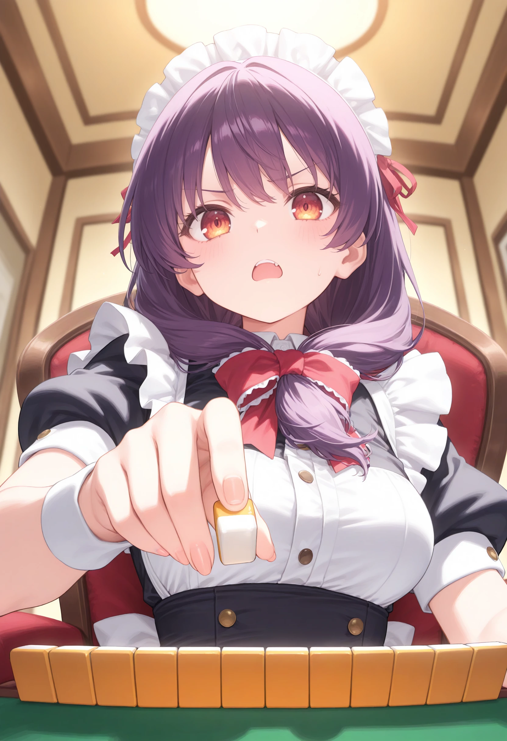 1girl,(sho \(sho lwlw\):0.7),(toosaka asagi:0.5),(sincos:0.3),solo,
masterpiece, best quality, newest, absurdres, CG, anime, source anime, illustration,
maid, maid headdress,medium breasts,
mahjong, mahjong tile ,mahjong table,sitting, chair, indoors, <lora:mahjong_Illust_v1:0.8>
holding mahjong tile ,
ceiling, portrait, looking back, purple hair, golden eyes,frown,, open mouth, front ponytail hair,