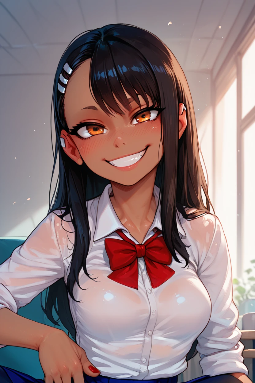 score_9, score_8_up, score_8, medium breasts, (curvy), cute, eyelashes,       BREAK, , BREAK, nagatoro hayase, long hair, bangs, black hair, hair ornament, brown eyes, hairclip, fang, dark skin, dark-skinned female, tan, skirt, shirt, school uniform, white shirt, pleated skirt, nail polish, blue skirt, red nails, earclip, <lora:NagatoroHayasePDXL_v1:0.8>,, <lora:IncaseStyle_PDXL:1.0>, , BREAK,  smile, looking at viewer, upper body,  embedding:zPDXL, Expressiveh, <lora:SDXLFaeTastic2400:0.5>,  <lora:Expressive_H-000001:0.4>,