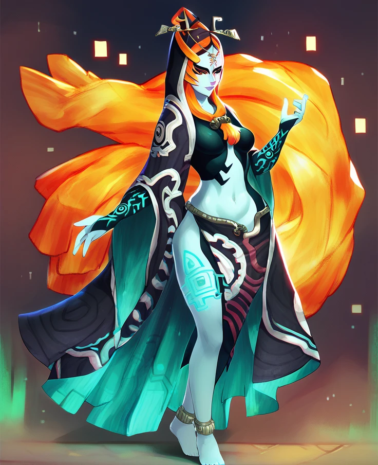 by winter nacht, orange sky, solo, midna, female, trueform, hooded cloak, jewelry, red eyes, yellow sclera, orange hair, full-length portrait, best quality, highly detailed, <lora:MidnaXL_02-Pony-lr2-nd32-na32-ep20:1>, score_9, score_8_up, score_7_up, score_6_up, score_5_up, score_4_up