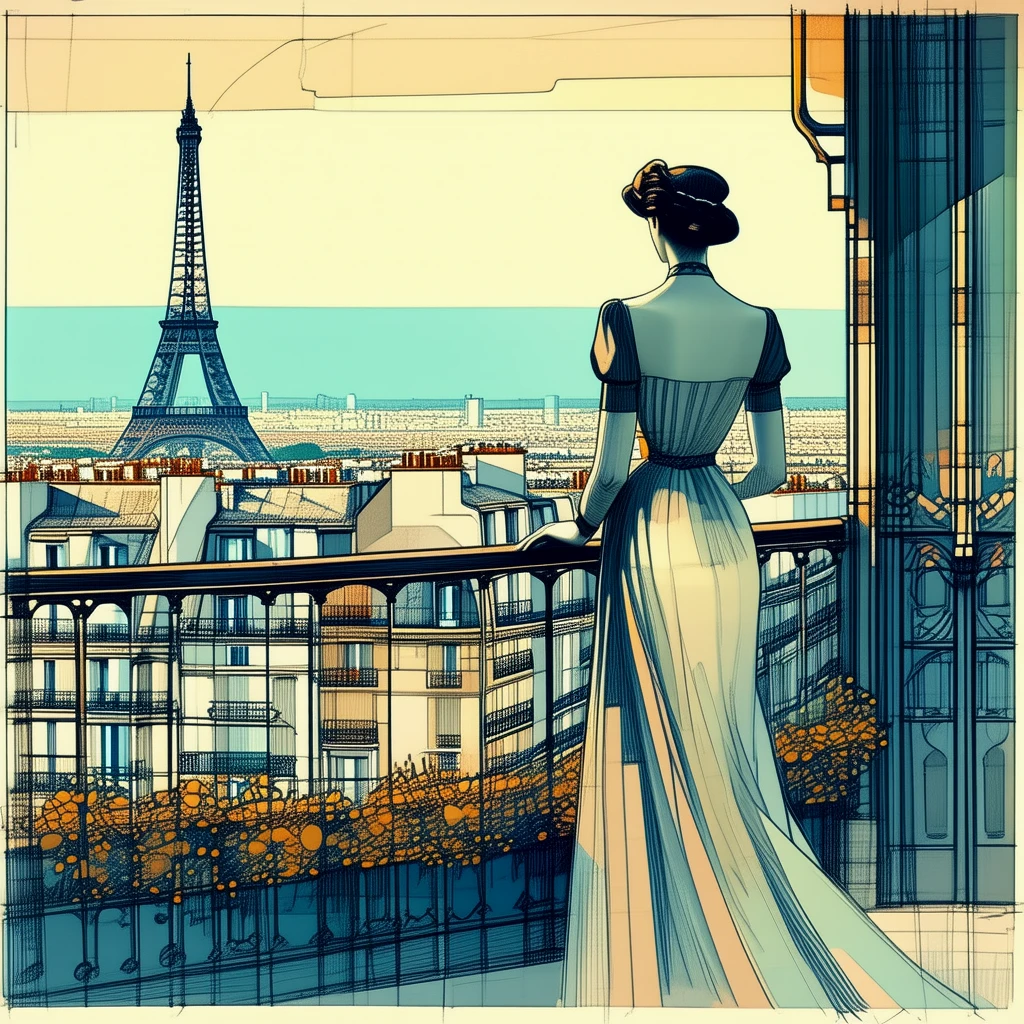 Art Deco color pencil drawing. A woman standing on a balcony, looking over the city of Paris. Eiffel tower in the distance.
artdcoCE_style