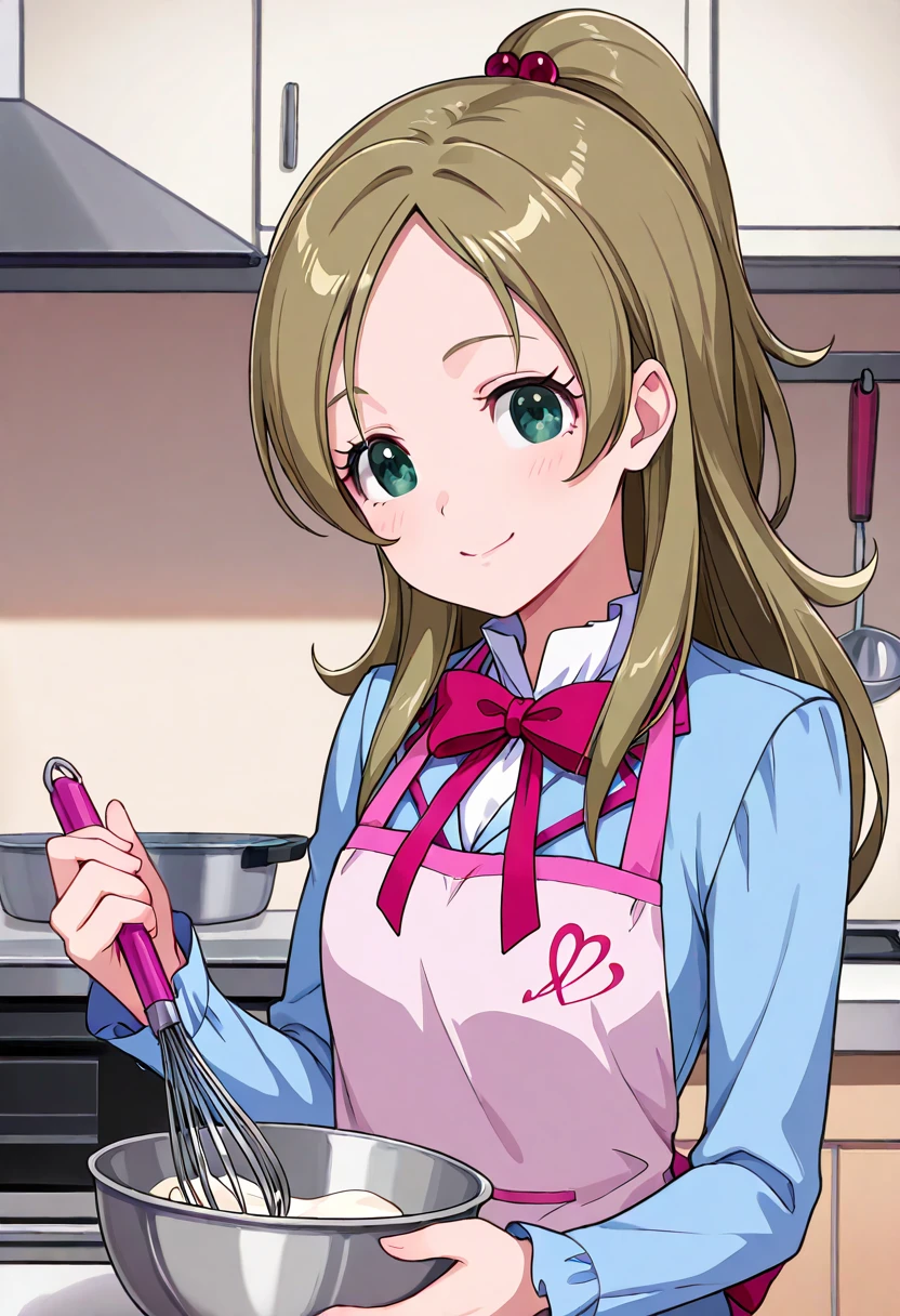 masterpiece, best quality, absurdres, very aesthetic, general,
minamino kanade, aria gakuen school uniform, 1girl, apron, solo, green eyes, long hair, smile, half updo, brown hair, hair bobbles, bowl, hair ornament, eyelashes, cooking, looking at viewer, ponytail, blue shirt, mixing bowl, bowtie, indoors, holding, blonde hair, ribbon, whisk, pink bow, long sleeves, shiny hair, shiny, red neckwear, light brown hair, ladle, aqua eyes, kitchen, standing, upper body, pot, closed mouth, blue jacket, baking
<lora:cure_rhythm_minamino_kanade_illustXL_locon_v1:0.7>