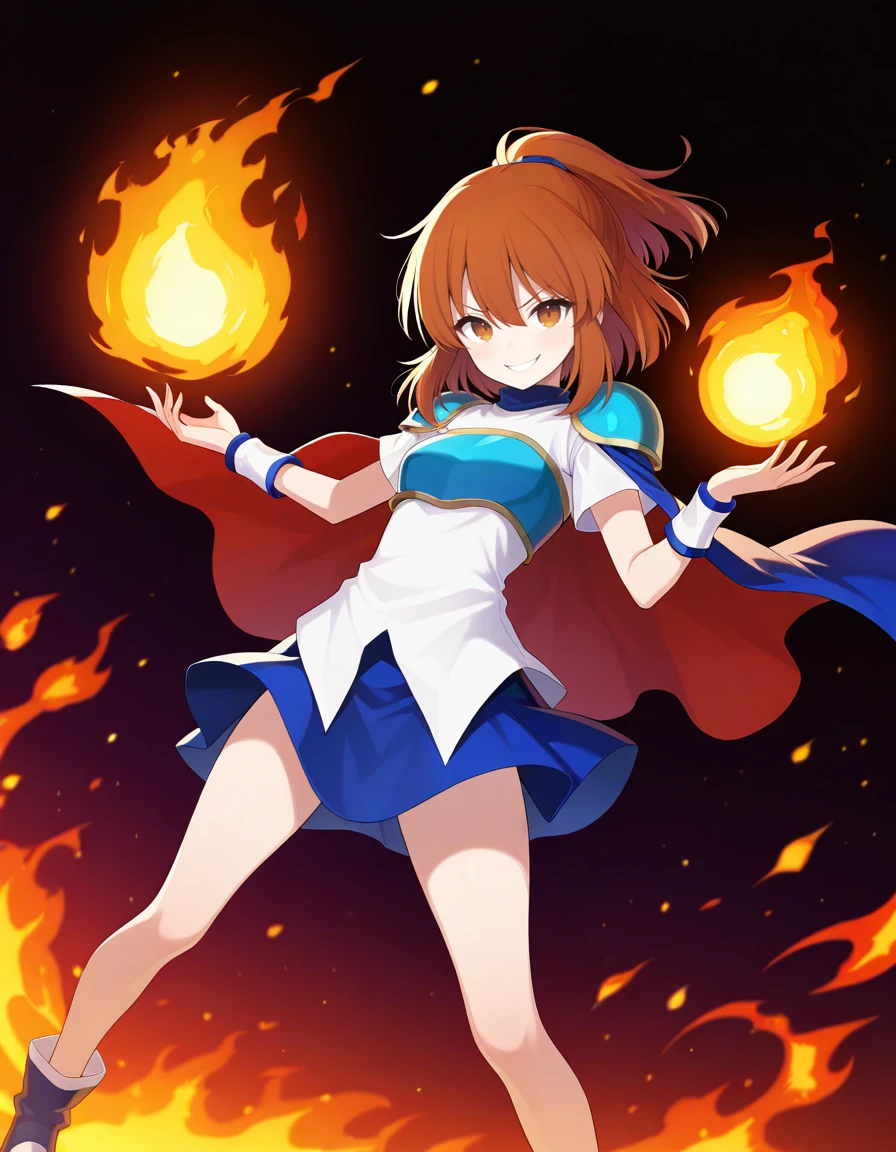 <lora:PuyoArleF_SDXL_illustrious_fp16_ver01:1>,1girl,solo,PuyoarleF,brown eyes,brown hair, ponytail,armor, shoulder armor,white shirt,blue skirt,cape,wristband, blue footwear,<lora:HairintakesEraser_v01_illustrious_10steps:2>,evil smile,fire,fireball, dark background,, masterpiece, best quality, very aesthetic, absurdres,<lora:detailed_hands:1>,hand