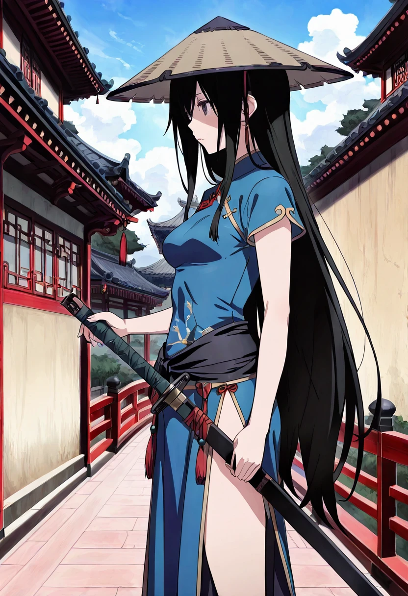 masterpiece, best quality, absurdres, detailed skin, detailed face, detailed eyes, anime colored, anime screencap, anime colored,
1 girl, long hair, black hair, hat covering eyes, china dress, chinese sword, from side,
holding sword, sheathed,
((kasa hat)), <lora:kasa_alternate:1>,
bridge, chinese architecture,