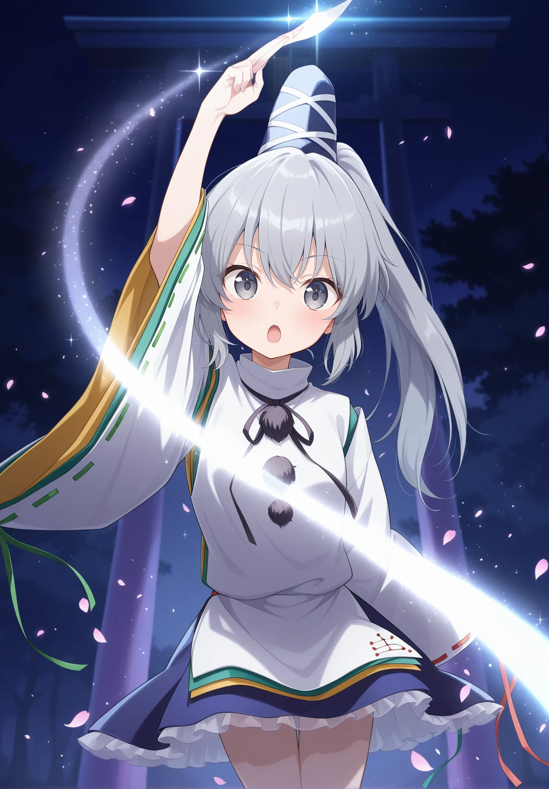 absurdres, highres, masterpiece, best quality, amazing quality, official anime artwork, screencap, anime screencap, outdoors, dynamic pose, 
 <lora:Mononobe-no-Futo_Illustrious:1> mononobe no futo, 1girl, solo, grey eyes, grey hair, long hair, ponytail,, hat, ribbon, japanese clothes, shirt, skirt, wide sleeves, long sleeves,
looking at viewer, open mouth, torii, light particles, petals, wind, two-sided fabric, night, danmaku, ofuda, sparkle,