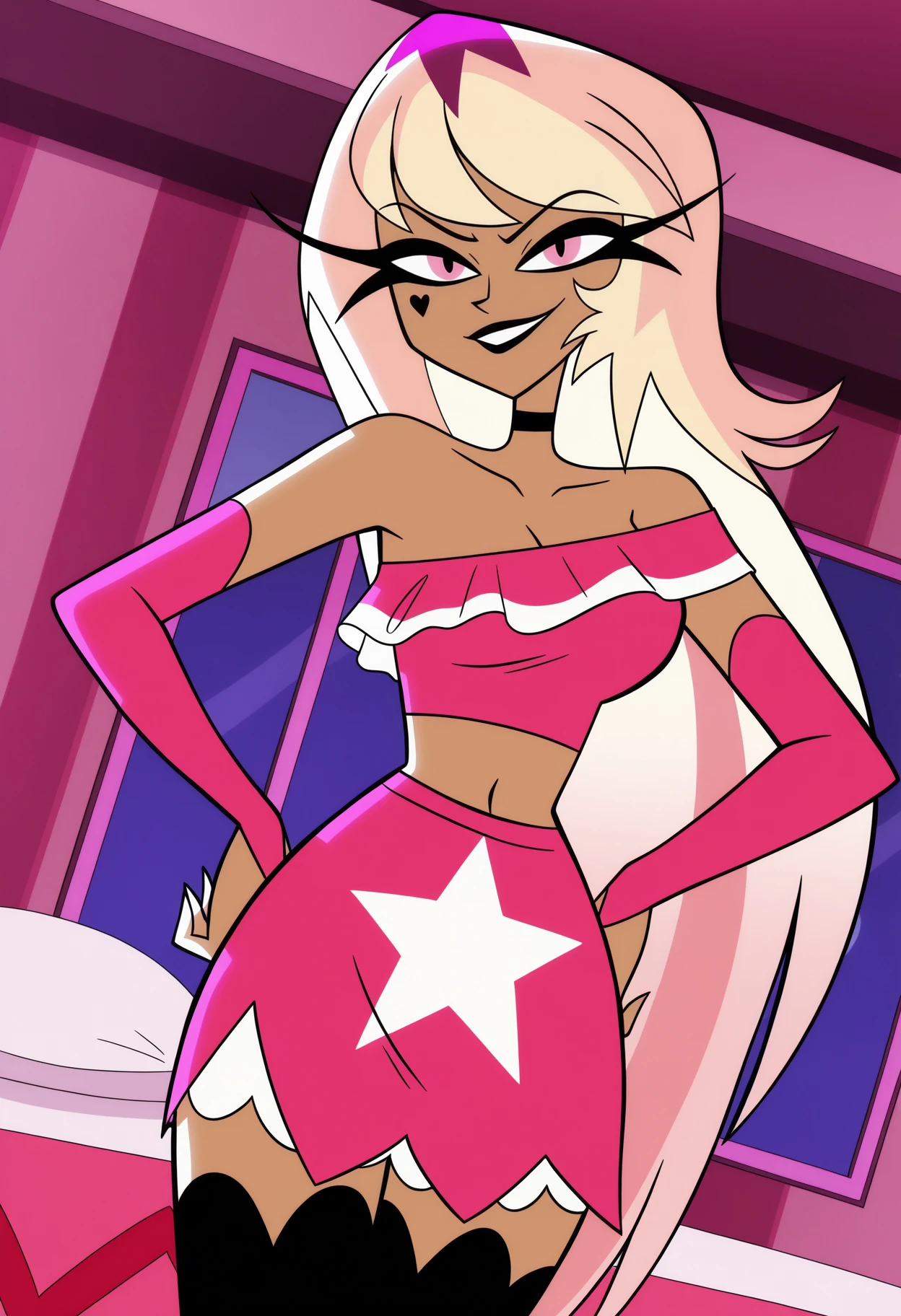 anime screencap, absurdres, high quality, official style, 1girl, human verosika mayday \(helluva boss\), verosika mayday, dark-skinned female, blonde hair, multi colored hair, long hair, white sclera, pink eyes, bare shoulders, off shoulder, pink crop top, detached sleeves, navel, pink skirt, black thighhighs, looking at viewer, seductive smile, hand on own hip, cowboy shot, dutch angle, indoors, bed, bedroom, <lora:Human_Verosika_Mayday_Helluva_Boss_Vpred_Illustrious_Edition:.7>