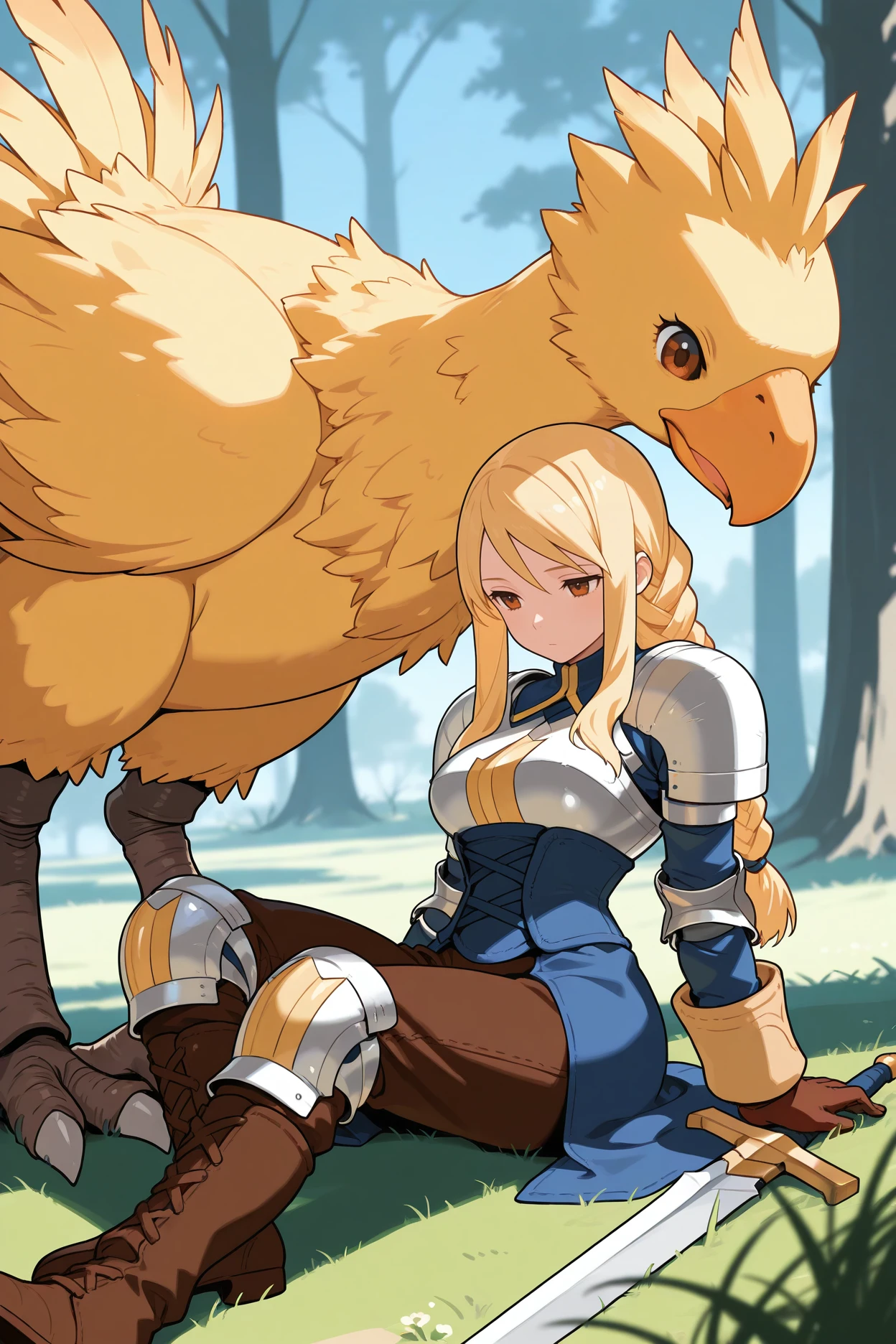masterpiece, best quality, 1girl, solo, <lora:ffagrias-illu-nvwls-v1-000006:1> fftag, blonde hair, braided ponytail, sidelocks, long hair, brown eyes, armor, shoulder armor, blue dress, blue corset, elbow pads, long sleeves, brown pants, brown gloves, knee pads, brown boots, large breasts, sitting, on ground, grass, sword, wide shot, chocobo, tired, trees
