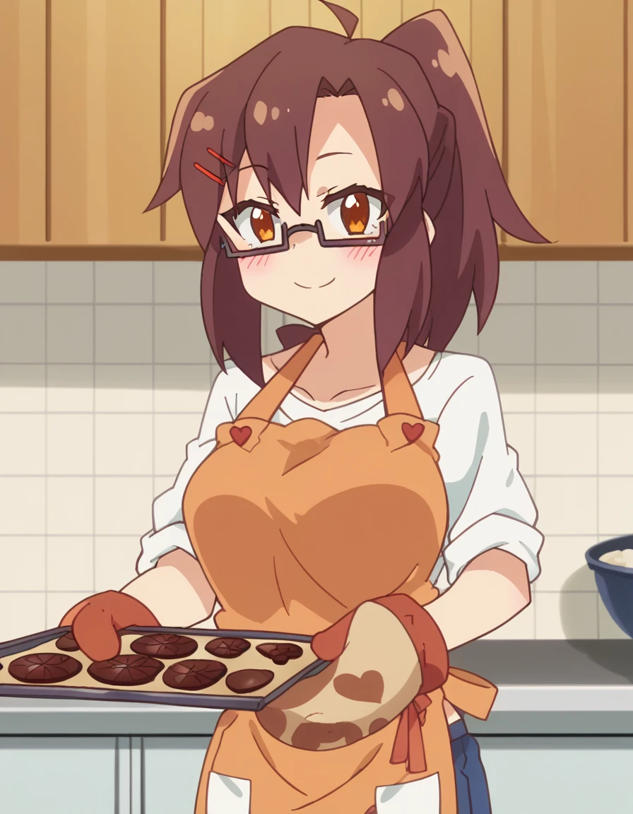 score_9, score_8_up, score_7_up, source_anime, <lora:yasuko-kouenji-s1-ponyxl-lora-nochekaiser:1>, yasuko kouenji, brown hair, hair ornament, brown eyes, ponytail, ahoge, glasses, hairclip, semi-rimless eyewear, under-rim eyewear, large breasts, anime screencap, <lora:baking-cookies-ponyxl-lora-nochekaiser:1>, baking cookies, looking at viewer, blush, smile, gloves, holding, frills, food, indoors, apron, chocolate, cookie, oven mitts,, , cowboy shot, solo