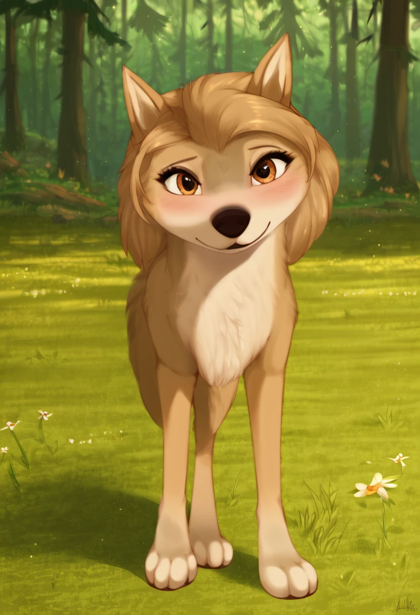 zPDXL, score_9_up, score_8_up,_7_up, score_6_up, score_5_up, score_4_up ,source_furry, best quality, amazing quality, masterpiece, 1girl, looking at viewer, solo, fullbody, cute, blush, cute pose, out doors, forest, trees, field, flowers, kate, wolf girl, golden-brown fur, brown eyes, wolf tail, wolf ears, <lora:Kate:0.8>, vksuika, <lora:Vksuika:1>, Expressiveh, good_hands, <lora:Expressive_H:0.8>, <lora:Detail_Slider_v1.4_iteration_3:4>, <lora:pony_good_hands:0.8>