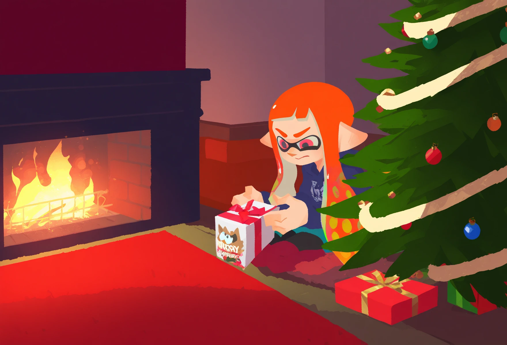 cozy shot of an inkling family gathered around a christmas tree unboxing presents, excitement, fireplace, early morning lighting, 
best quality, amazing quality, very aesthetic, absurdres, <lora:Splatoon_byKonan:1>