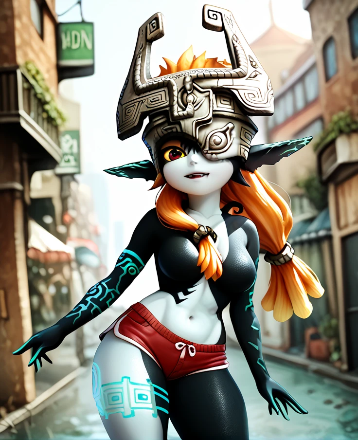 by Taranima, city, black corset, red hotpants, solo, midna, female, imp, helmet, one eye obstructed, red eyes, yellow sclera, orange hair, best quality, highly detailed, <lora:MidnaXL_02-Pony-lr2-nd32-na32-ep20:1>, score_9, score_8_up, score_7_up, score_6_up, score_5_up, score_4_up