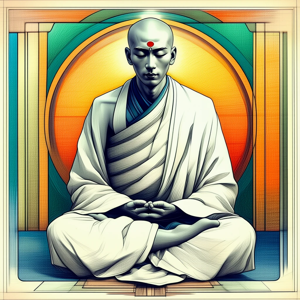 An Art Deco color pencil drawing of a meditating monk.
artdcoCE_style