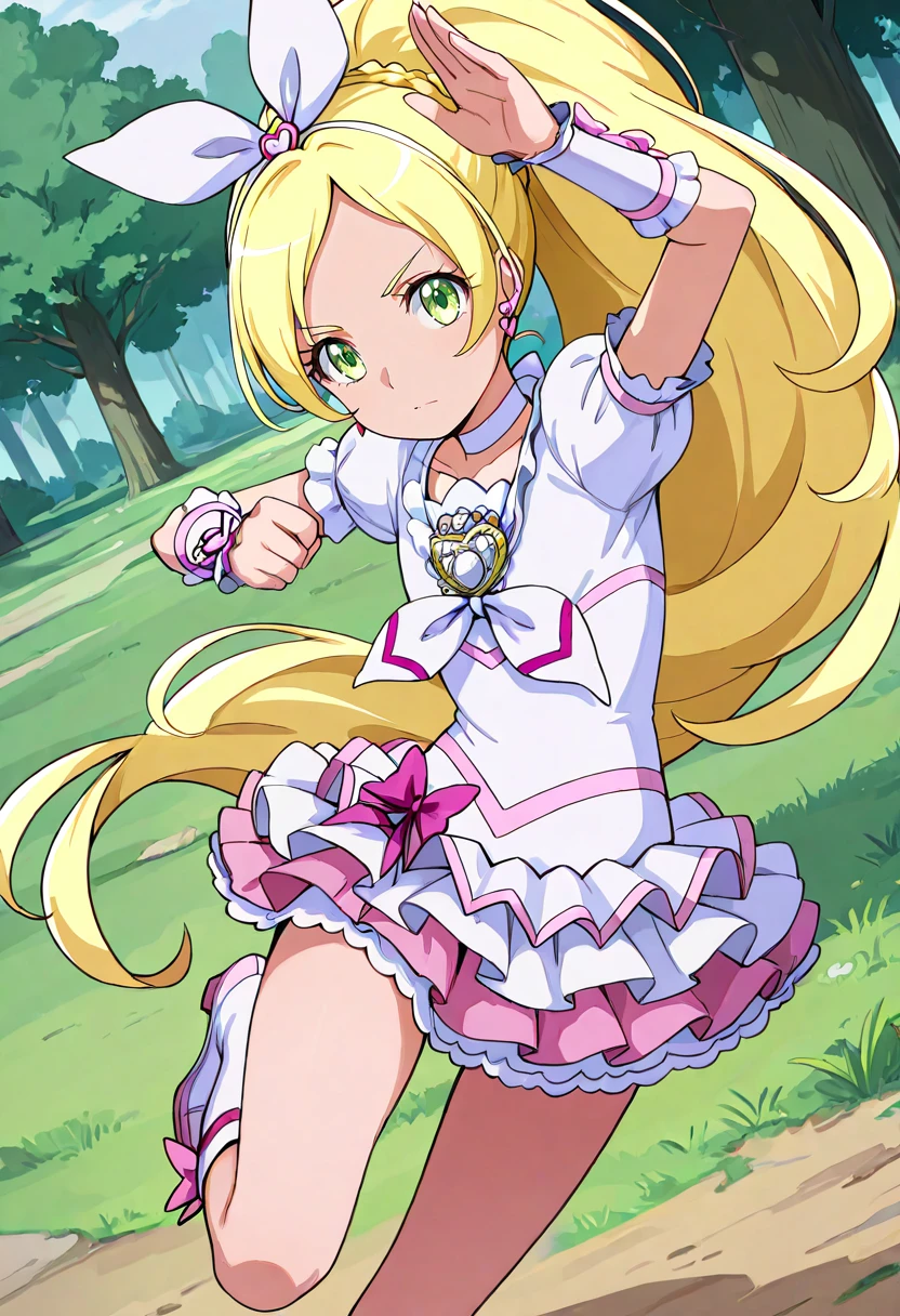 masterpiece, best quality, absurdres, very aesthetic, general,
cure rhythm, 1girl, blonde hair, solo, green eyes, white choker, knee boots, brooch, wrist cuffs, hair ribbon, running, eyelashes, earrings, serious, white dress, white footwear, standing, puffy sleeves, frilled skirt, arms up, tree, floating hair, standing on one leg, hair bow, fighting stance, pink skirt, layered skirt, single braid, short sleeves, pink bow, looking at viewer, arm warmers, leg up, closed mouth, ponytail, white bow, outdoors, white skirt, white ribbon, grass, hair ornament, very long hair, miniskirt, dutch angle, white neckwear, anime coloring
<lora:cure_rhythm_minamino_kanade_illustXL_locon_v1:0.7>