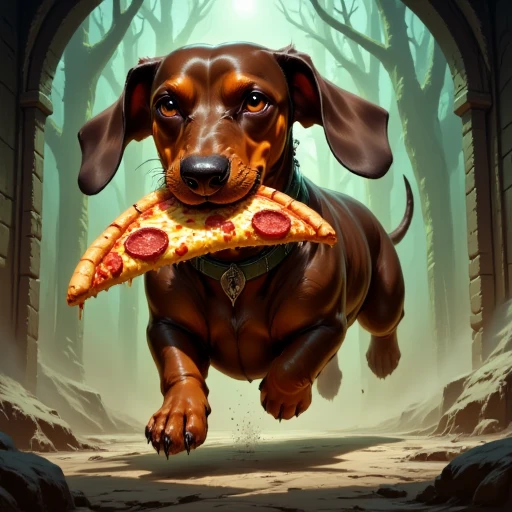 Dark-Fantasy-Cardd-V.2.0 style illustration that features a dachshund running away with a big slice of pizza in his mouth