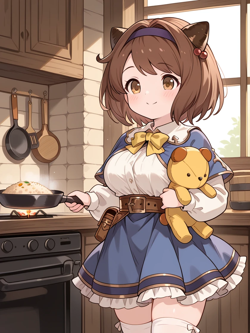(masterpiece, best quality:1.4), ultra-detailed, 8k, illustration, clean skin, shiny hair, high res image, clear skin,
(shiny skin, glistening skin, shiny body, shiny face:0.6), <lora:Expressive_H:1>, expressiveh, <lora:add-detail-xl:1>, (cute face:1.2),
<lora:yaia_illustrious:1>,
yaia (granblue fantasy), draph, horns, medium breasts, large breasts, short hair, brown hair, bangs, hair intakes,
hair ornament, hair bobbles, red hair bobbles,
hairband, blue hairband, purple hairband,
brown eyes,
charley horse (granblue fantasy), stuffed toy, stuffed animal, yellow stuffed animal, yellow stuffed toy, teddy bear,
object hug, doll hug,
yaia (granblue fantasy) (default),
shirt, white shirt, collared shirt, puffy sleeves, puffy long sleeves, shirt tucked in, long sleeves,
buttons,
blue capelet,
yellow neckwear, bow, yellow bow, bowtie,
belt, brown belt,
skirt, frills, frilled skirt, blue skirt, petticoat, dress, blue dress, frilled dress, dress shirt, high-waist skirt,
pouch, brown pouch, belt pouch,
white legwear, thighhighs, white thighhighs, zettai ryouiki,
shoes, mary janes, footwear, black footwear, brown footwear,
indoors, kitchen, frying pan, holding frying pan, pots, pans, fried rice, cooking, upper body, in front of a wood stove, firewood, upper body, delicate, cute, innocent, wholesome, adorable, medieval city, window, day