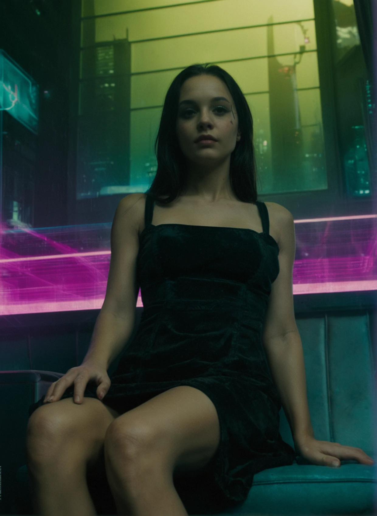 score_9, score_8_up, score_7_up, cyberpunk, high quality, realistic, masterpiece, [portrait:1.2], 1girl, long hair, (medium breast: 1.14), dark dress, sitting, looking at viewer,