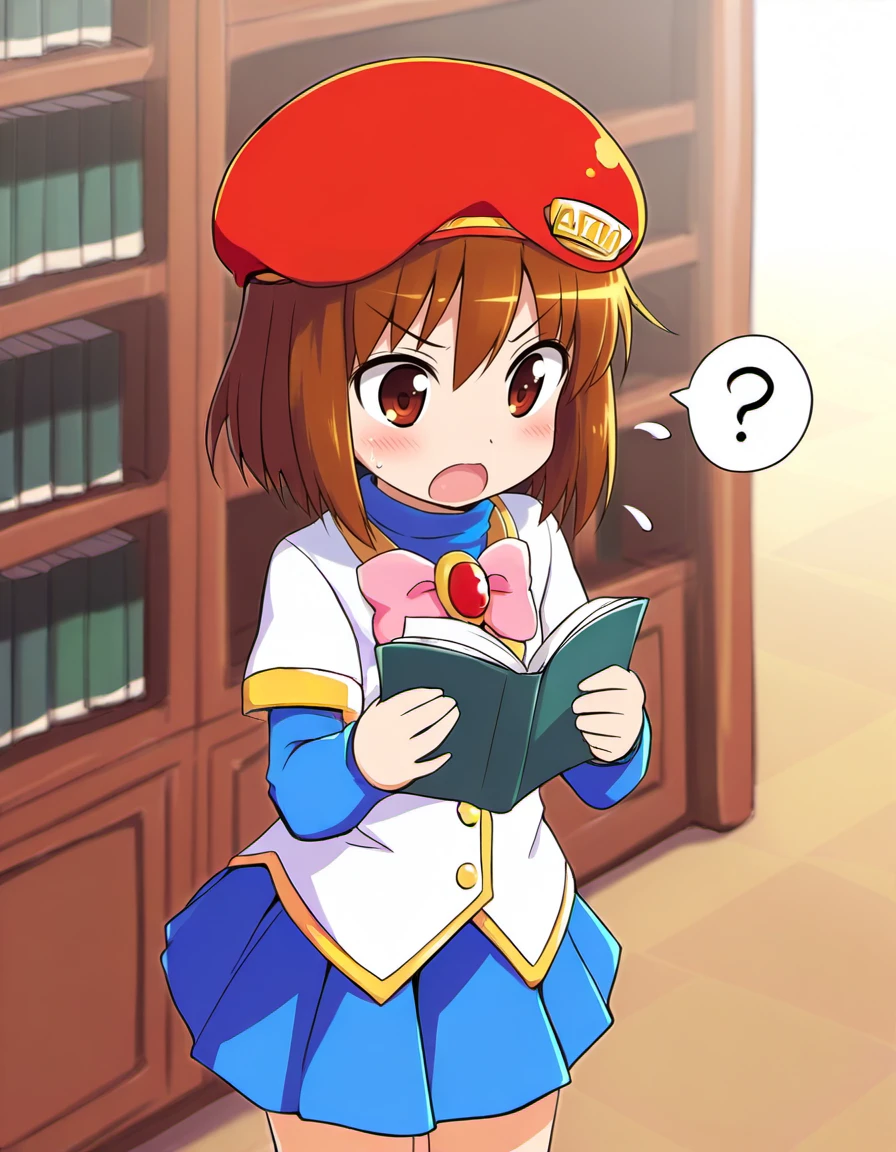 <lora:PuyoArleY_SDXL_illustrious_fp16_ver07:1>,PuyoArleYD,1girl,solo,brown hair,brown eyes,vests,red beret, pink bow,blue skirt,buttons,library,reading book,v-shaped eyebrows, open mouth,spoken question mark, flying sweatdrops,, masterpiece, best quality, very aesthetic, absurdres,<lora:detailed_hands:1>,hand