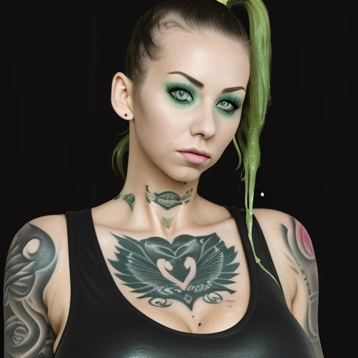 photography of a beautiful monster woman with flowers in her hair. (from above:1.2).(close up) . deep cleavage ,wearearing a crop top ,wearing artistic earings,dark green colors, punk woman with a lot of runic tattoos. blury background. slim, (small breasts), (t-shirt, open vest, midriff)