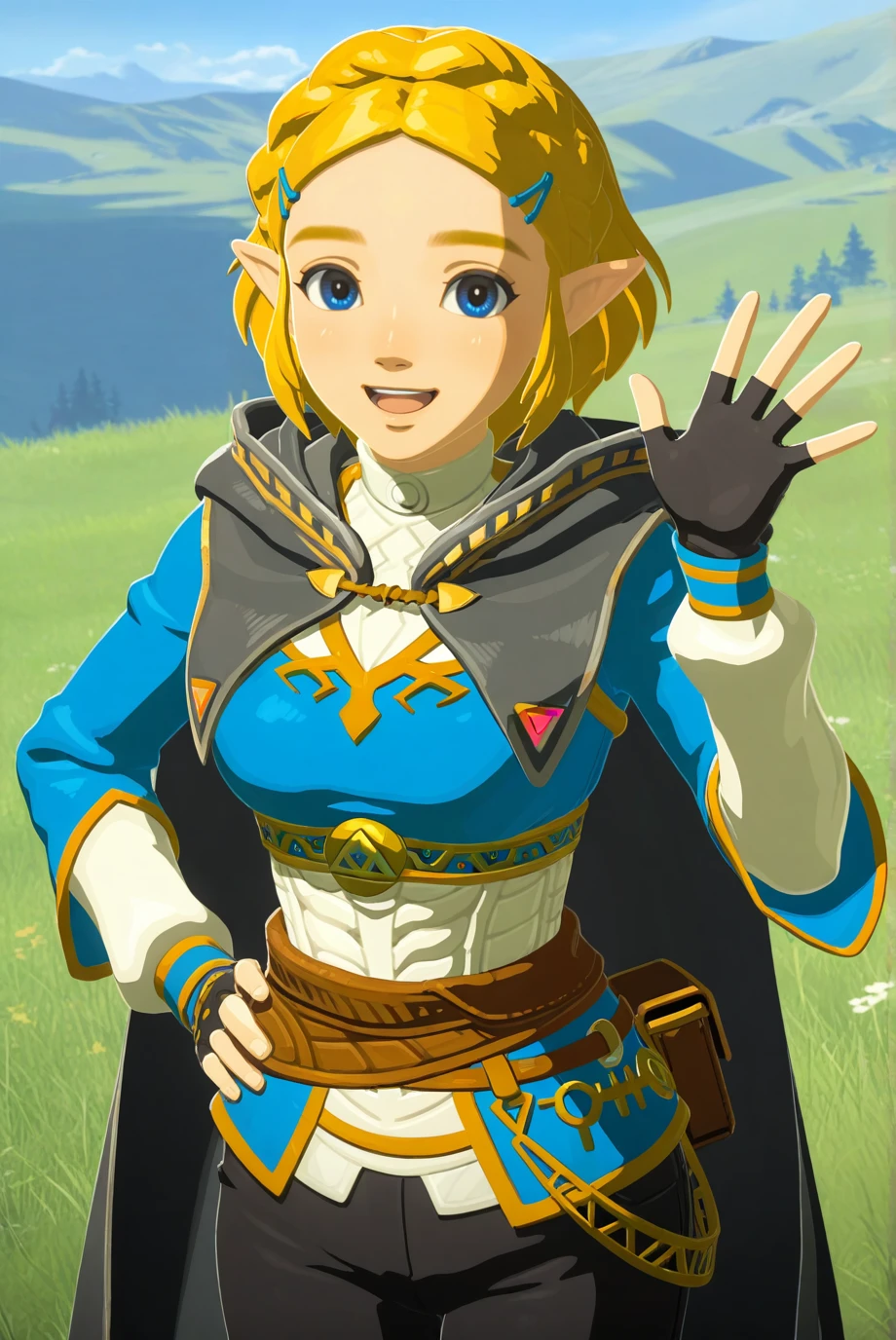absurdres, masterpiece, best quality, very aesthetic, 1girl, solo,
<lora:Zelda-IL-v2-07:0.8>, ChopioZelda, blonde hair, pointy ears, looking at viewer,
short hair, crown braid, sidelocks, parted bangs, hairclip, parted bangs, hairclip, medium breasts,
outfit_1, blue crop top, gold trim, white undershirt, breastplate, layered sleeves, brown sash, black gloves, fingerless gloves, black pants,
black cape, hooded cape,
outdoors, grass, nature, hills, smile, standing, hand on own hip, waving, open mouth,