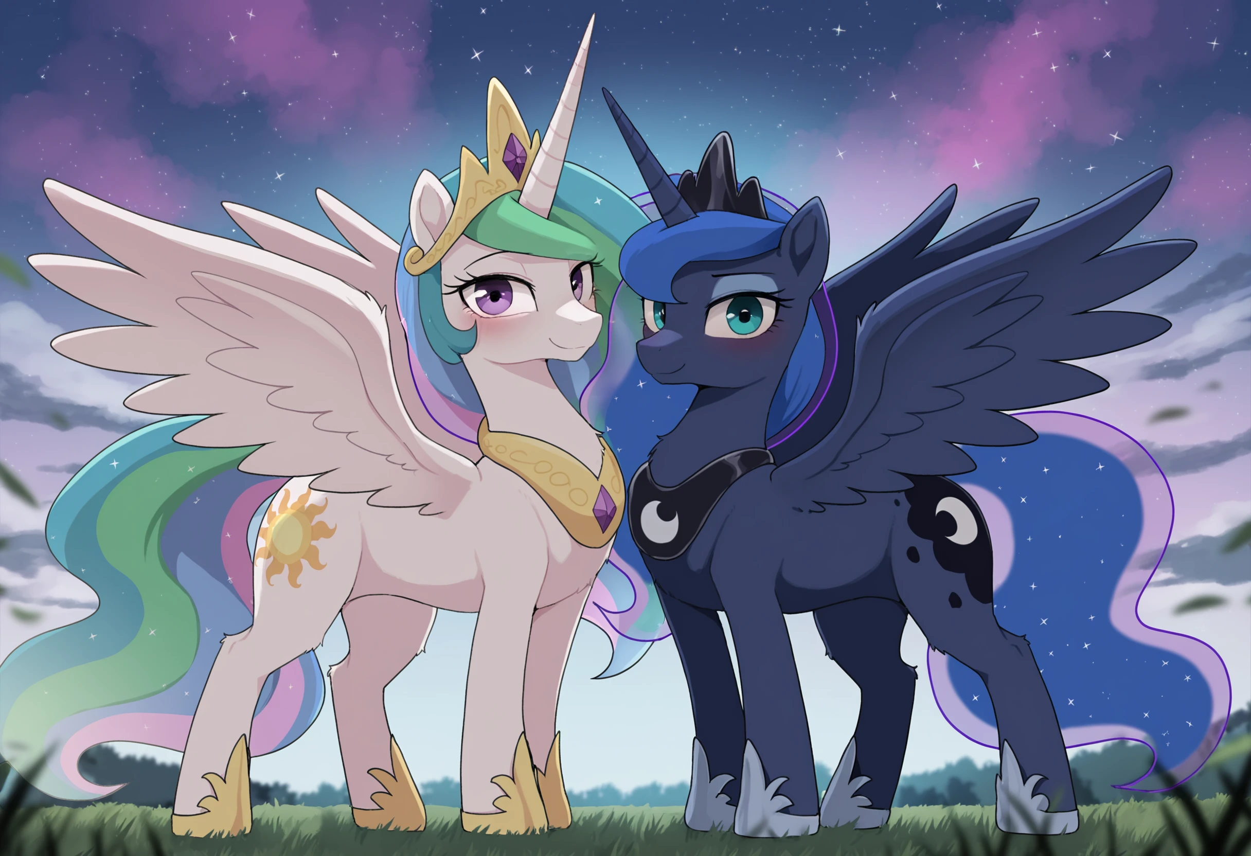 2girls,furry female,(feral:1.1),mature feral,my little pony,horse,morgue,princess celestia,multicolored hair,white fur,long hair,tail,large wings,hooves,horns,princess luna,black fur,winged unicorn,
(dagasistyle:0.8),outdoors,grass,animal focus,no humans,
standing,all fours,
looking at viewer,closed mouth,smile,
(completely nude:1.1),crown,
masterpiece,best quality,highres,absurdres,newest,very awa,