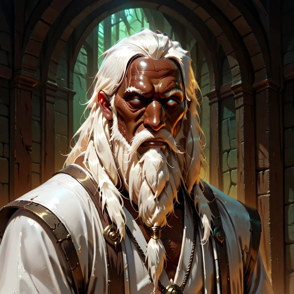 masterpiece, best quality, newest, absurdres, highres, Dark-Fantasy-Cardd-V.2.0, 
1boy, dark skin, dark skinned male, white hair, long beard, long hair, monk, white robe, white eyes, blind eyes, wrinkles, wrinkled face, wrinkled, wrikly, old, mature, old man