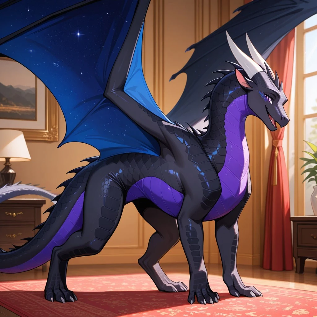 1girl, highres, absurdres, newest, masterpiece, best quality, furry, Nightwing_wof, dragon, western_dragon, black scales, wings, spread_wings, tail, horns, claws, starry wings, purple underbelly, purple eyes, (feral:1.3), standing, (on_fours:1.3), open_mouth, smile, from side, luxurious detailed room, bright room, day scene, professional lighting, solo, furry_female, smiling, seductive, looking_at_viewer, masterpiece, safe, close up