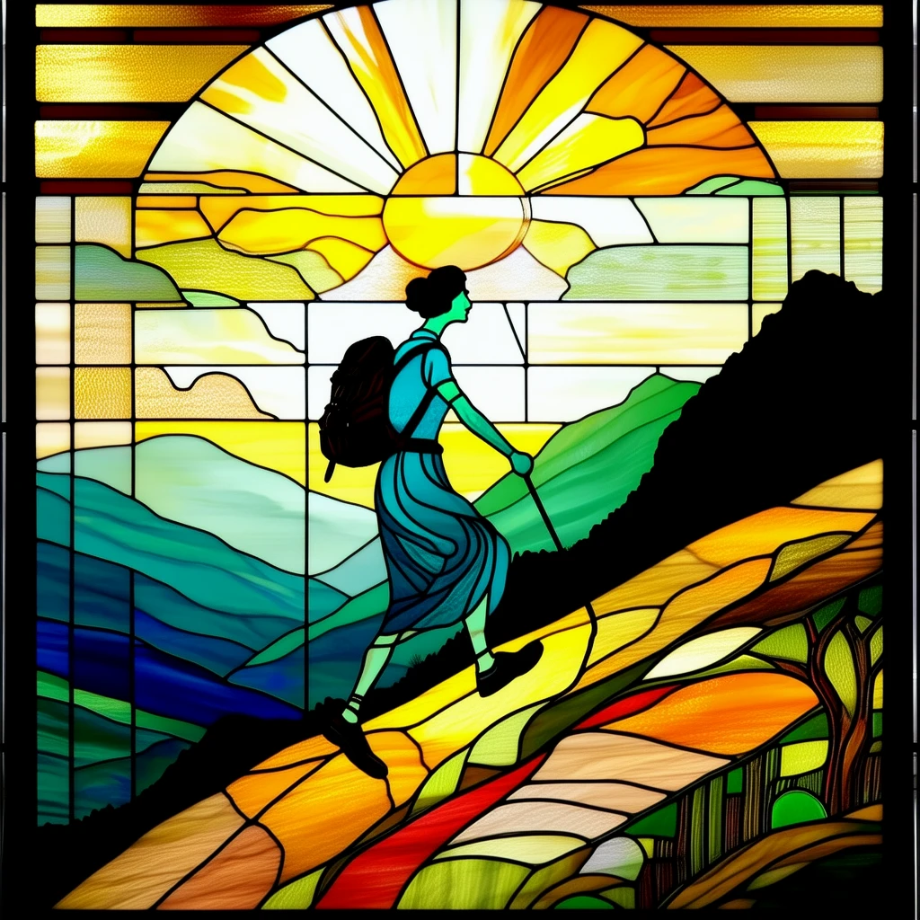 An art deco stained glass window depicting a woman hiking up a hillside at sun rise.
artdcoCE_style