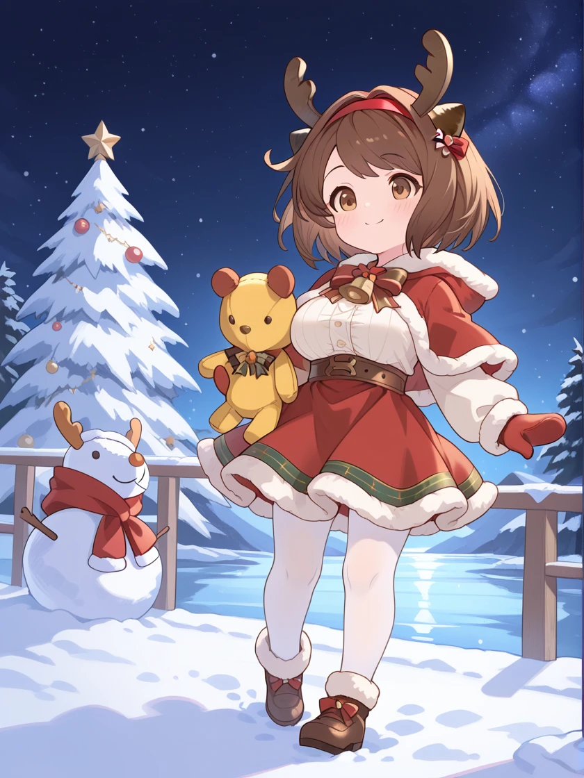 (masterpiece, best quality:1.4), ultra-detailed, 8k, illustration, clean skin, shiny hair, high res image, clear skin,
(shiny skin, glistening skin, shiny body, shiny face:0.6), <lora:Expressive_H:1>, expressiveh, <lora:add-detail-xl:1>, (cute face:1.4), aged down,
1girl, solo,
<lora:yaia_illustrious:1>,
yaia (granblue fantasy), draph, horns, medium breasts, large breasts, short hair, brown hair, bangs, hair intakes,
brown eyes,
charley horse (granblue fantasy), stuffed toy, stuffed animal, yellow stuffed animal, yellow stuffed toy, teddy bear,
yaia (granblue fantasy) (christmas), christmas, santa costume, christmas ornaments,
bow, red bow, red hairband, ribbon, red ribbon, hair bow, striped bow,
antlers, reindeer antlers, fake antlers, deer ears, fake animal ears,
hood, red hood, hood down, red headwear,
bell, golden bell, neck bell, bowtie, red bowtie,
red capelet, fur-trimmed capelet, hooded capelet,
shirt, white shirt,
buttons,
dress, red dress, fur trim, long sleeves, skirt, fur-trimmed dress, red skirt,
mittens, red mittens, oven mitts, gloves, red gloves,
white legwear, pantyhose, white pantyhose,
brown footwear, black footwear,
red hood (charley horse), hood (charley horse), fur trim (charley horse), red capelet (charley horse), bell (charley horse), golden bell (charley horse), neck bell (charley horse), bowtie (charley horse), red bowtie (charley horse), blue mittens (charley horse), mittens (charley horse), gloves (charley horse), red gloves (charley horse),
outdoors, night, starry sky, snow, snowman, frozen lake, snow flakes, presents, christmas tree