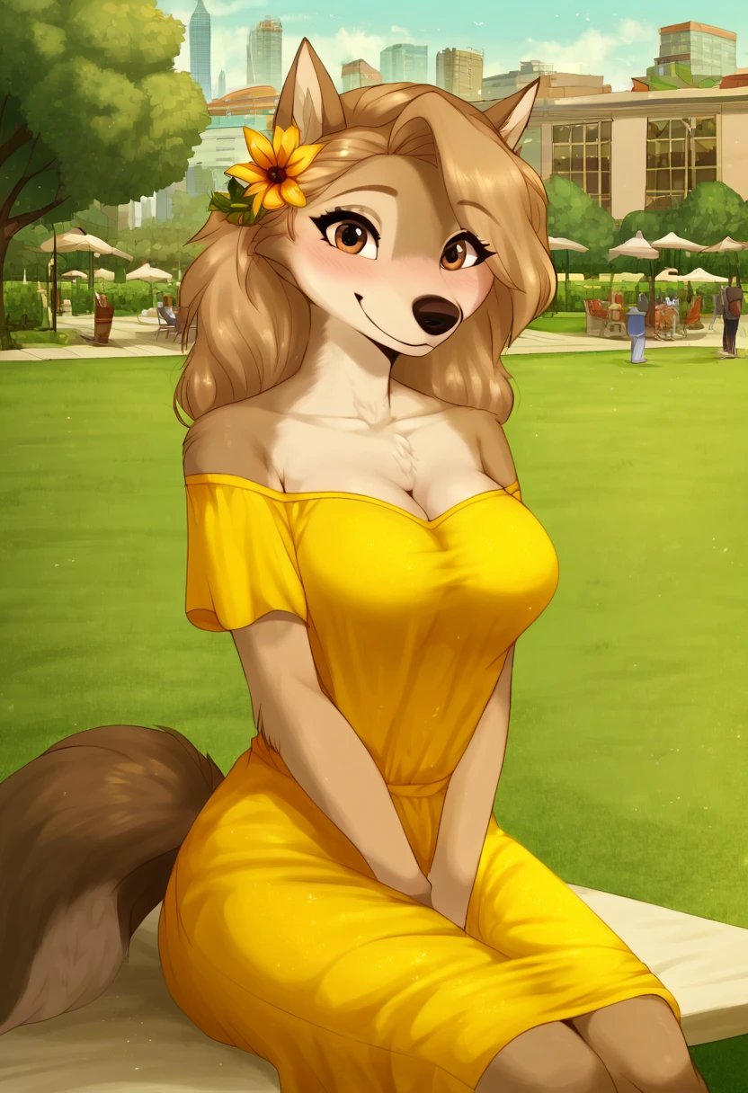 zPDXL, score_9_up, score_8_up,_7_up, score_6_up, score_5_up, score_4_up ,source_furry, best quality, amazing quality, masterpiece, 1girl, looking at viewer, solo, fullbody, cute, blush, cute smile, cute pose, outdoors, city, park, sitting outside in cafe, kate, wolf girl, golden-brown fur, brown eyes, wolf tail, wolf ears, hair flower, <lora:Kate:0.8>, (anthro, sitting, breast, yellow summer dress:1.2), vksuika, <lora:Vksuika:1>, Expressiveh, good_hands, <lora:Expressive_H:0.8>, <lora:Detail_Slider_v1.4_iteration_3:4>, <lora:pony_good_hands:0.8>