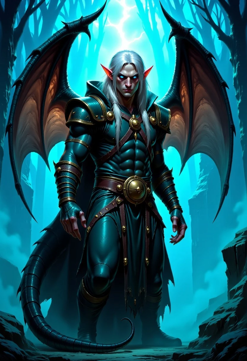 Dark-Fantasy-Cardd-V.2.0 style dark fantasy illustration that featuresa a half dragon, half elf man, wiyh humanoid body and dragon features like scales and dragon wings. the man has a long grey hair, and glowing blue eyes