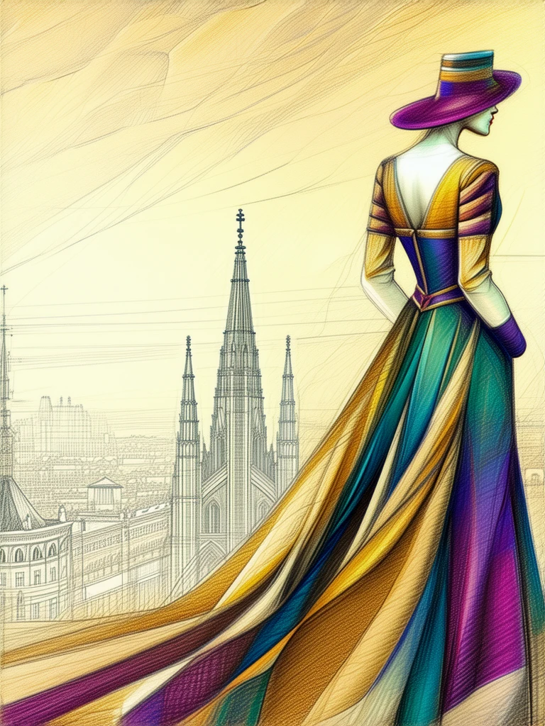 A color pencil drawing. An elegant lady dressed in rich ecclesiastical colors. City line drawing backdrop.
artdcoCE_style
