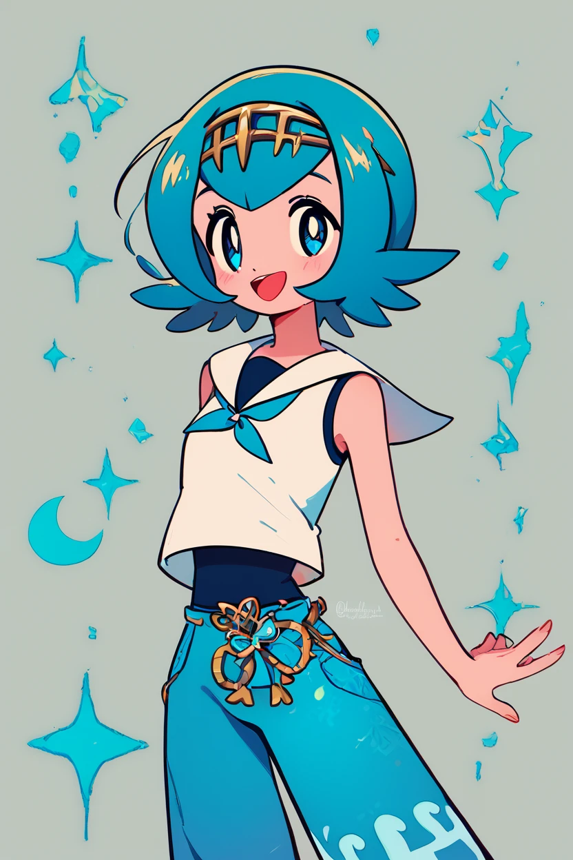 score_9, score_8_up, score_8, medium breasts, (curvy), cute, eyelashes,       BREAK, , BREAK, <lora:LanaP3:0.8>, zzLana, blue eyes, blue hair, yellow hairpiece, white shirt, sleeveless shirt,  sailor collar, blue pants, baggy pants,, <lora:ChueogStyle_PDXL:1.0>, , BREAK,  smile, looking at viewer, cowboy shot,  embedding:zPDXL, Expressiveh, <lora:SDXLFaeTastic2400:0.5>,  <lora:Expressive_H-000001:0.4>,