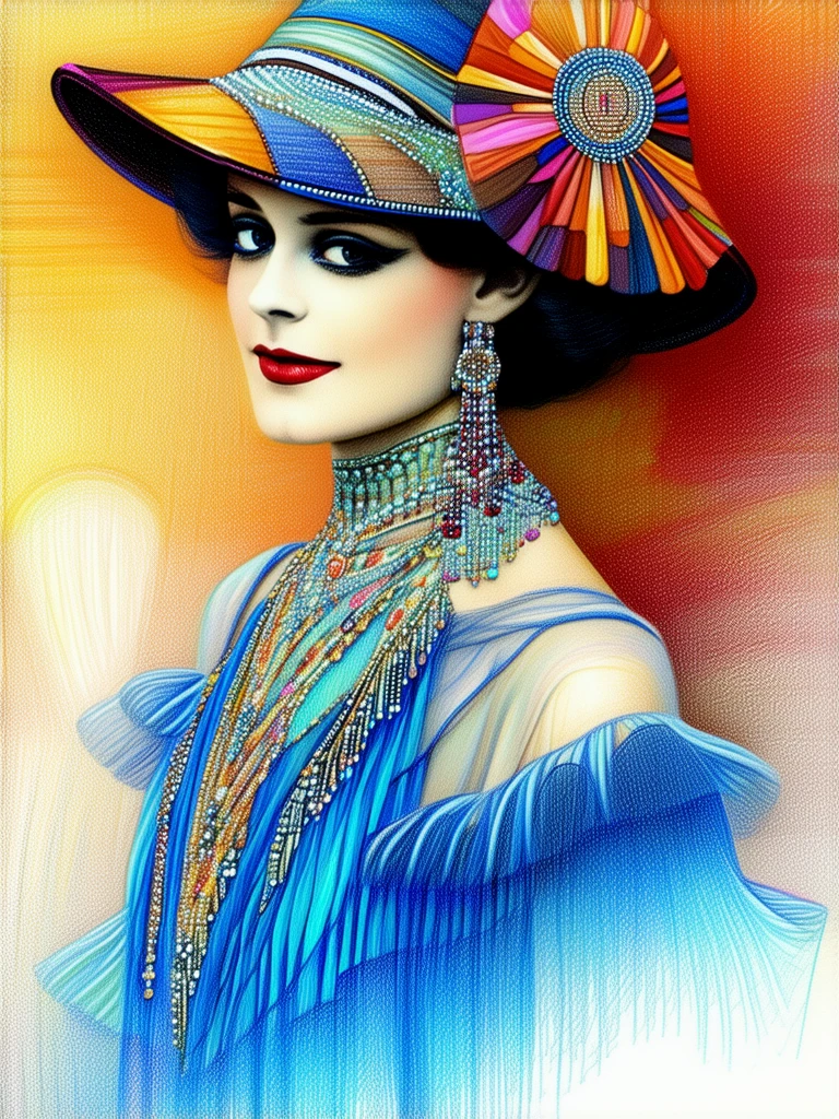 A flapper, beads, flouncy dress. Colorful. color pencil drawing.
artdcoCE_style