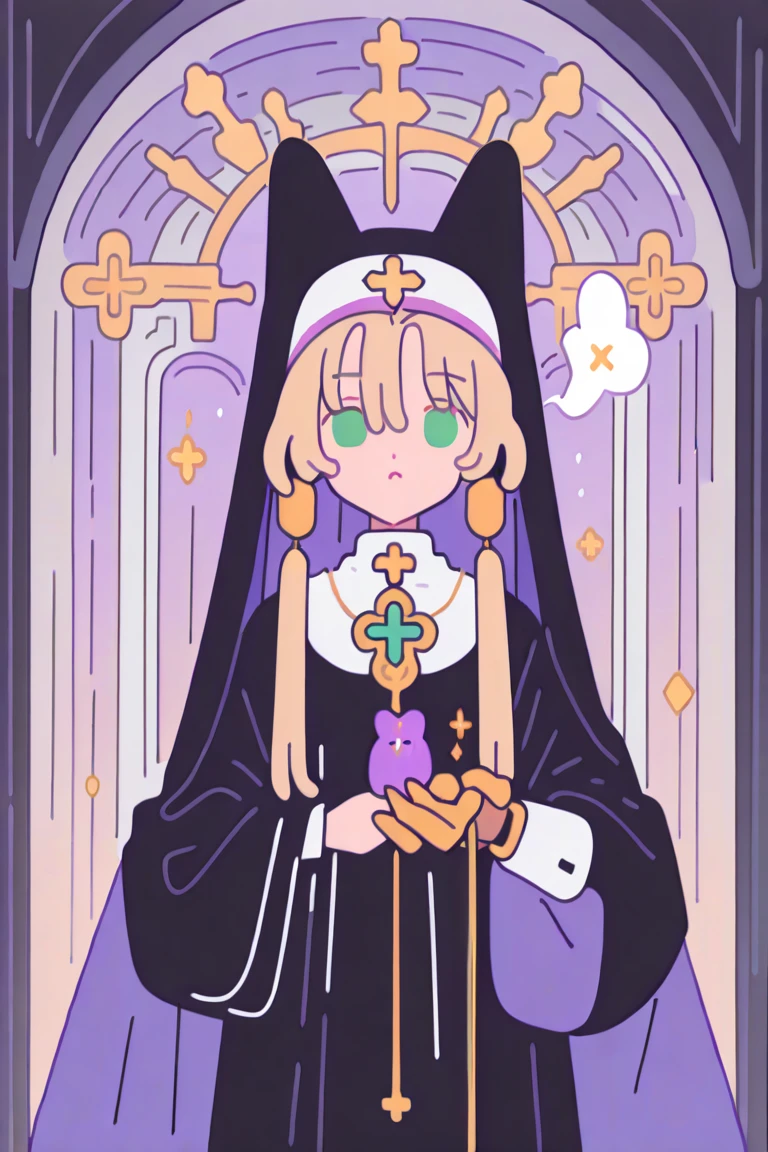 masterpiece, best quality, newest, absurdres, highres,
A lithe, mysterious nun perched on a Gothic cathedral beam under the glow of moonlight streaming through a vibrant stained glass window. Her black and white habit has a subtle fur-like texture, with delicate cat ears peeking through her veil. Her piercing green eyes shine with a playful yet enigmatic intensity, and her gilded gold claws glint in the light. She holds a rosary in her hand, dangling like a cat's toy, while shadows of cats prowl in the dark corners of the grand cathedral. The scene is a mix of elegance and feline grace, with an air of sacred mystery,
, ((top quality)), ((masterpiece)), ((best quality)), ((high quality)),Flatline, Flat vector illustration