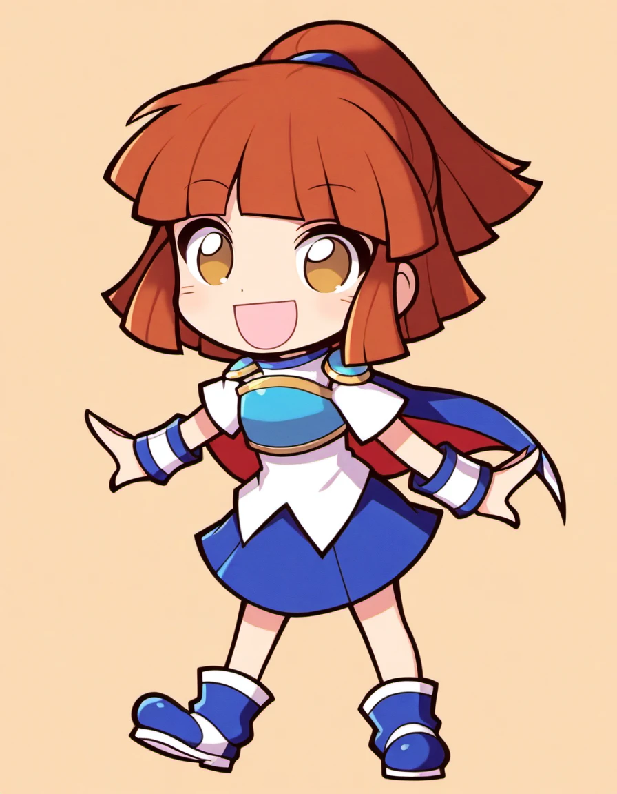 <lora:PuyoArleF_SDXL_illustrious_fp16_ver01:1>,1girl,solo,PuyoarleF,brown eyes,brown hair, ponytail,armor, shoulder armor,white shirt,blue skirt,cape,wristband, blue footwear,<lora:HairintakesEraser_v01_illustrious_10steps:2>,smile,puyopuyo official style,chibi,, masterpiece, best quality, very aesthetic, absurdres,<lora:detailed_hands:1>,hand
