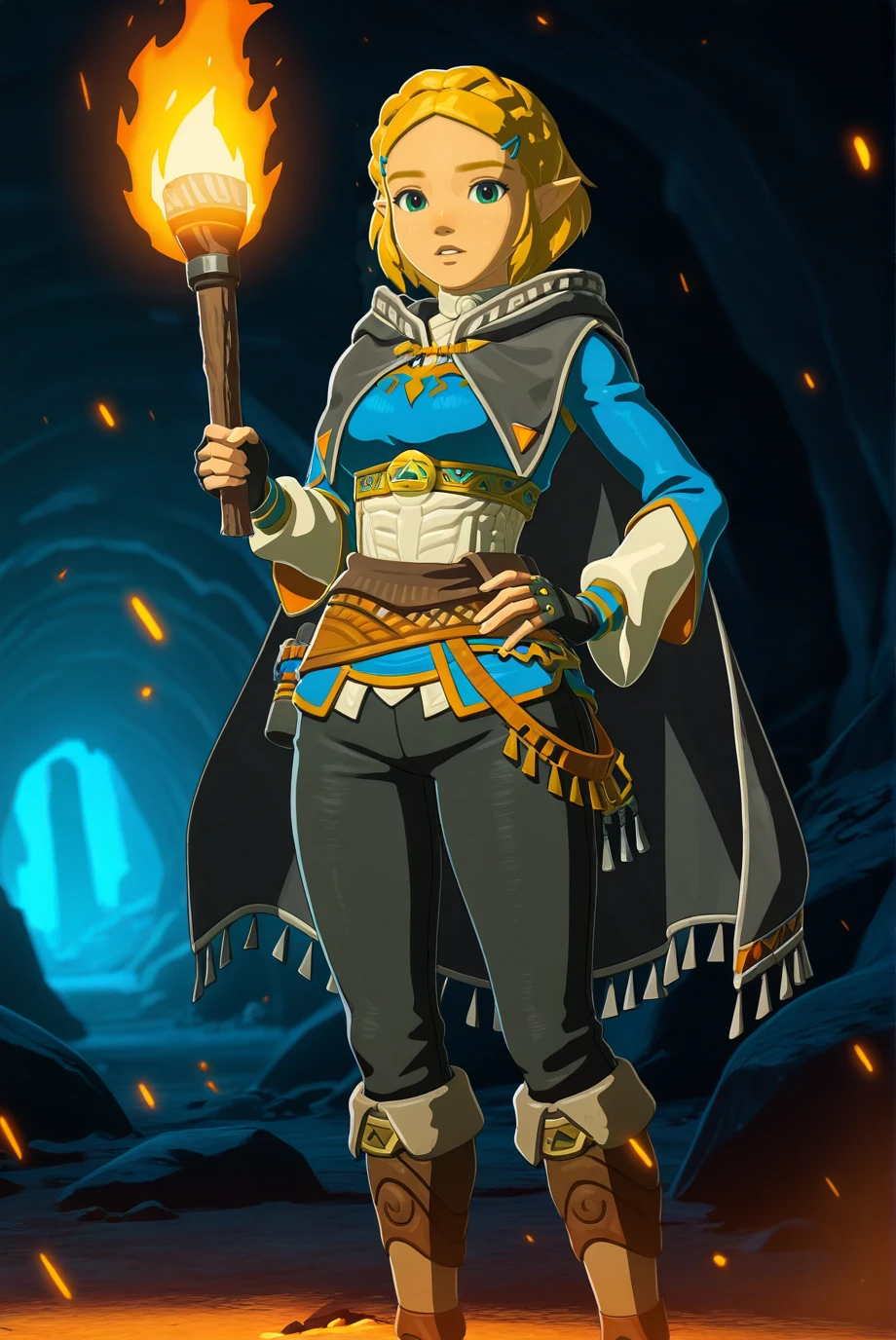 absurdres, masterpiece, best quality, very aesthetic, 1girl, solo,
<lora:Zelda-IL-v2-07:0.8>, ChopioZelda, blonde hair, pointy ears, looking at viewer,
short hair, crown braid, sidelocks, parted bangs, hairclip, parted bangs, hairclip, medium breasts,
outfit_1, blue crop top, gold trim, white undershirt, breastplate, layered sleeves, brown sash, black gloves, fingerless gloves, black pants, knee boots, brown footwear,
black cape, hooded cape,
aztec, ruins, dark, cave, holding torch, parted lips, torch, embers,hand on own hip,