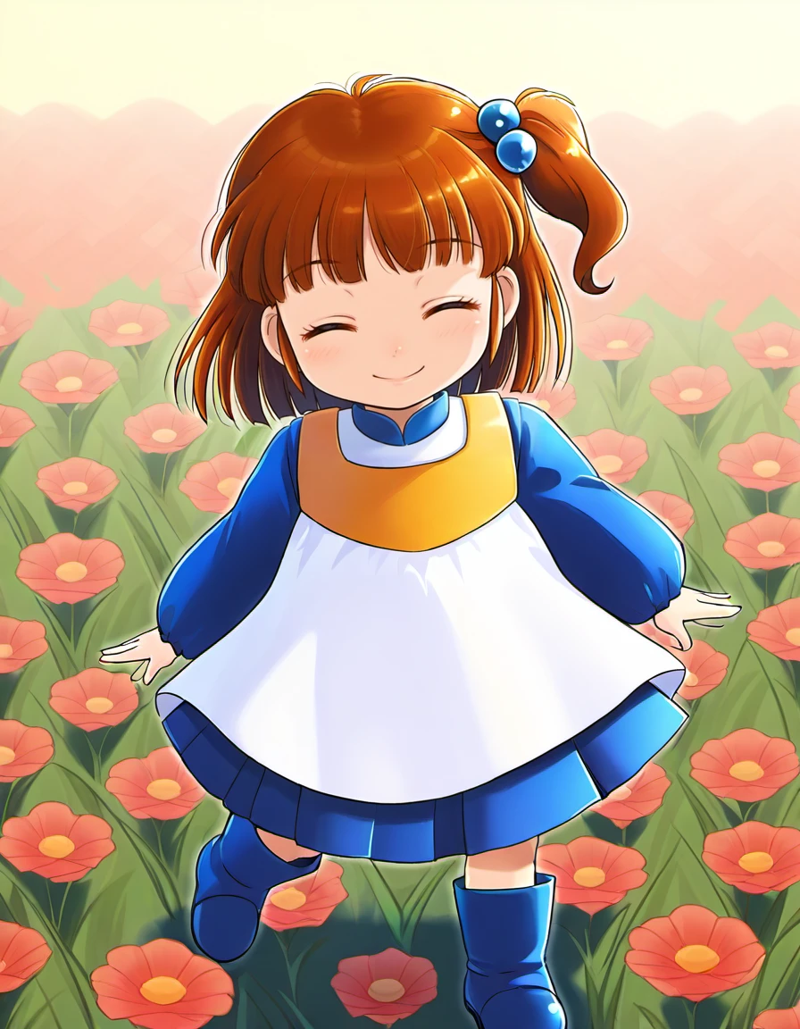 <lora:PuyoArleY_SDXL_illustrious_fp16_ver07:1>,PuyoArleYH,1girl,solo,brown hair,brown eyes,hair bobbles, yellow collar, kindergarten uniform,smile,blue skirt,blue boots,smile,closed eyes, flower field,, masterpiece, best quality, very aesthetic, absurdres,<lora:detailed_hands:1>,hand