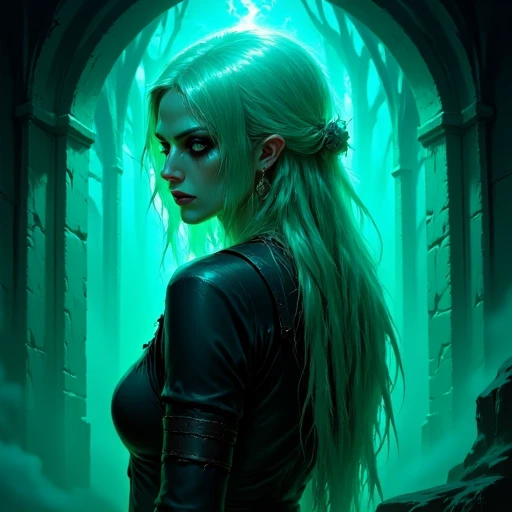 Dark-Fantasy-Cardd-V.2.0 style illustration of a dark, moody, and ethereal style, featuring a hauntingly beautiful woman. The artwork is rendered in a digital medium, likely using software like Adobe Photoshop or Illustrator, with a focus on vibrant, glowing, and swirling effects. The woman has long, flowing hair that appears to be made of a glowing, ethereal substance, with colors shifting between various shades of teal and green, creating a mesmerizing, almost liquid-like texture.