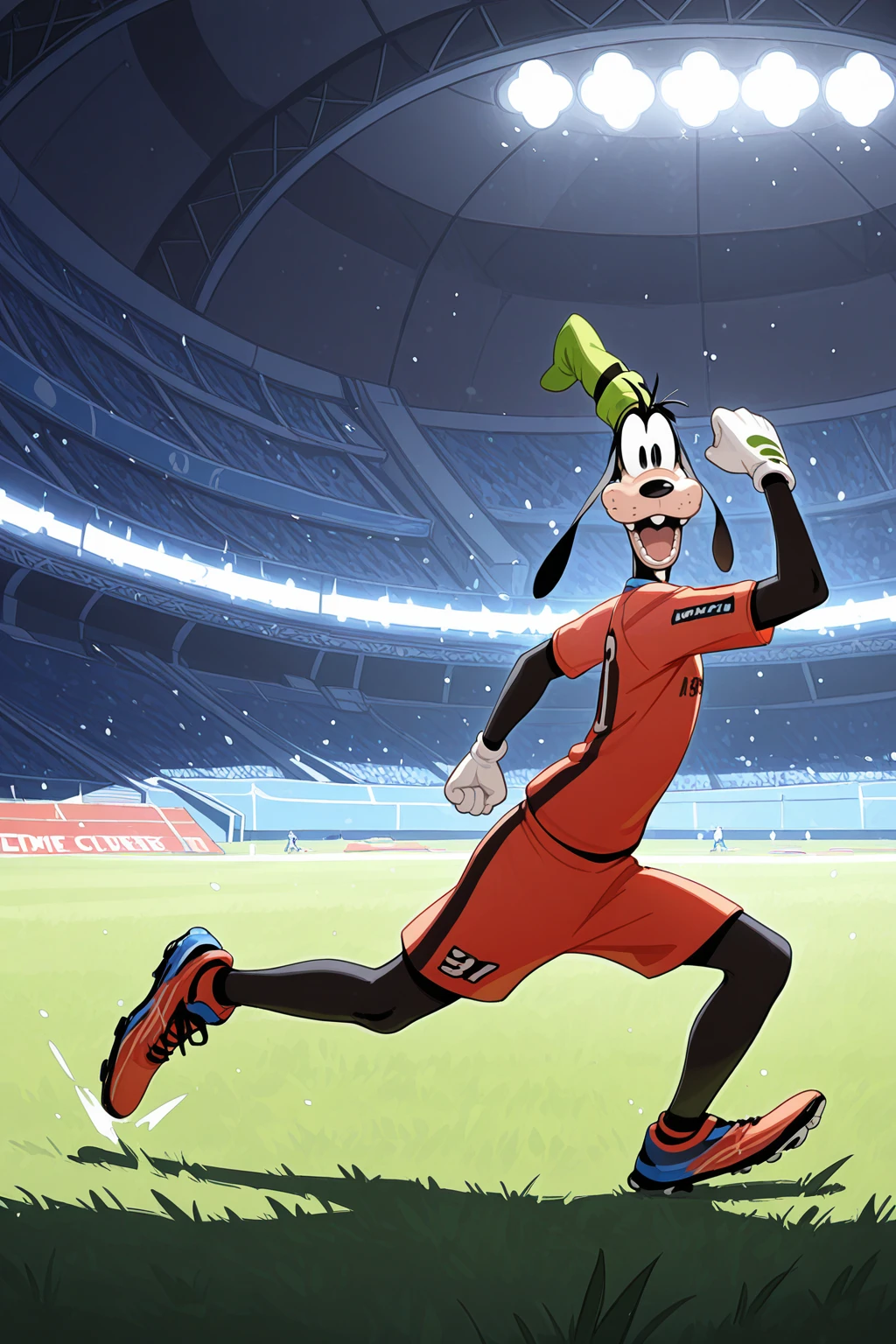 masterpiece, good quality, best quality, very awa, very as2, absurdres, highres
<lora:GoofyiIllustriousLoRA:1.3>(gfy, 1boy, buck teeth, gloves, hat), soccer outfit, stadium, running