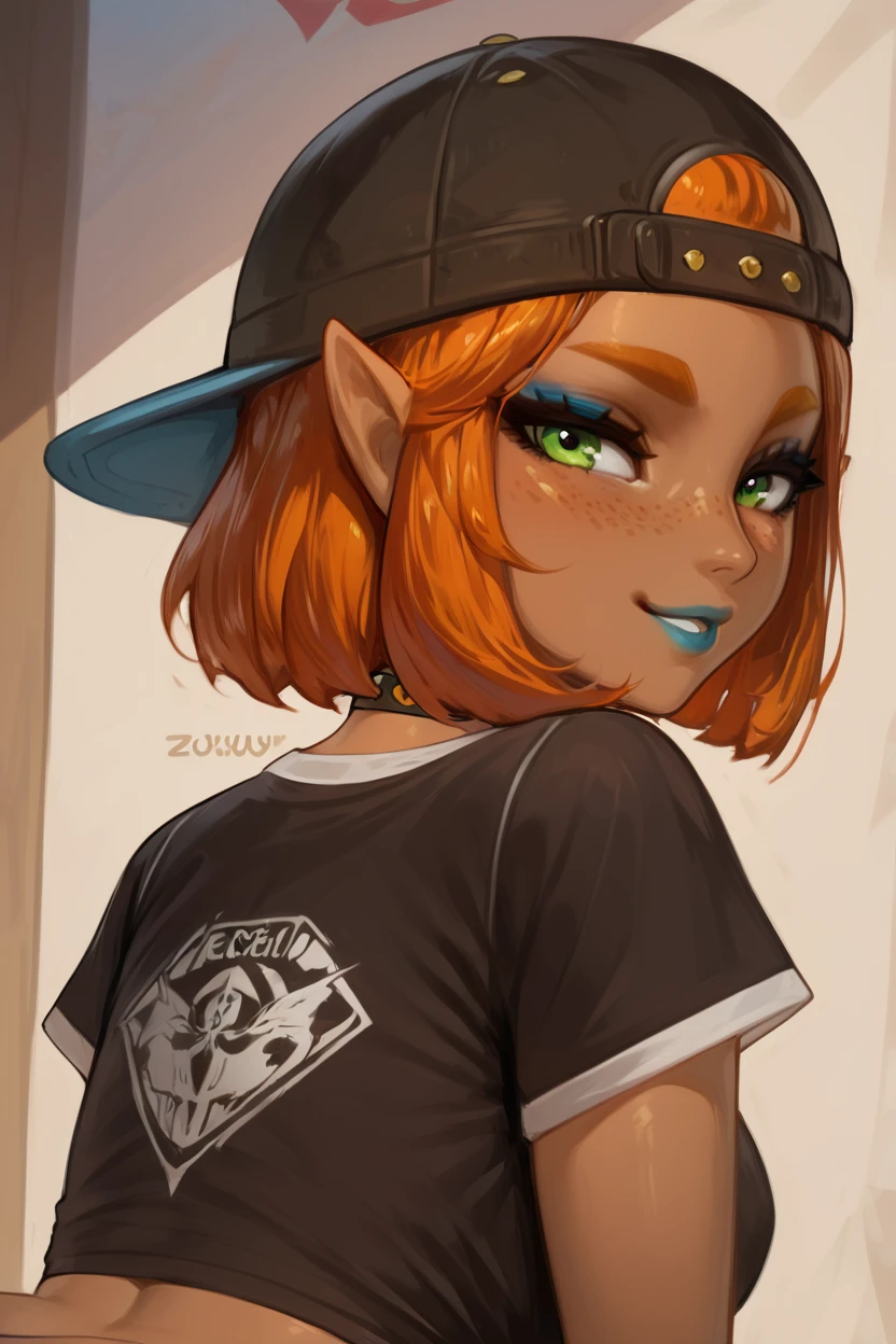 score_9, score_8_up, score_8, medium breasts, (curvy), cute, eyelashes, BREAK, , BREAK, 1girl, solo, looking at viewer, smile, short hair, shirt, hat, green eyes, upper body, short sleeves, parted lips, choker, looking back, dark skin, from behind, orange hair, dark-skinned female, black shirt, black headwear, makeup, black choker, bob cut, thick eyebrows, lipstick, t-shirt, baseball cap, eyeshadow, freckles, backwards hat, blue lips ,<lora:Riju_Zelda_TotK_P1:0.7>, ,<lora:ZuruotaStyle_PDXL:0.8>, embedding:zPDXL, Expressiveh, <lora:SDXLFaeTastic2400:0.5>, <lora:Expressive_H-000001:0.4>,