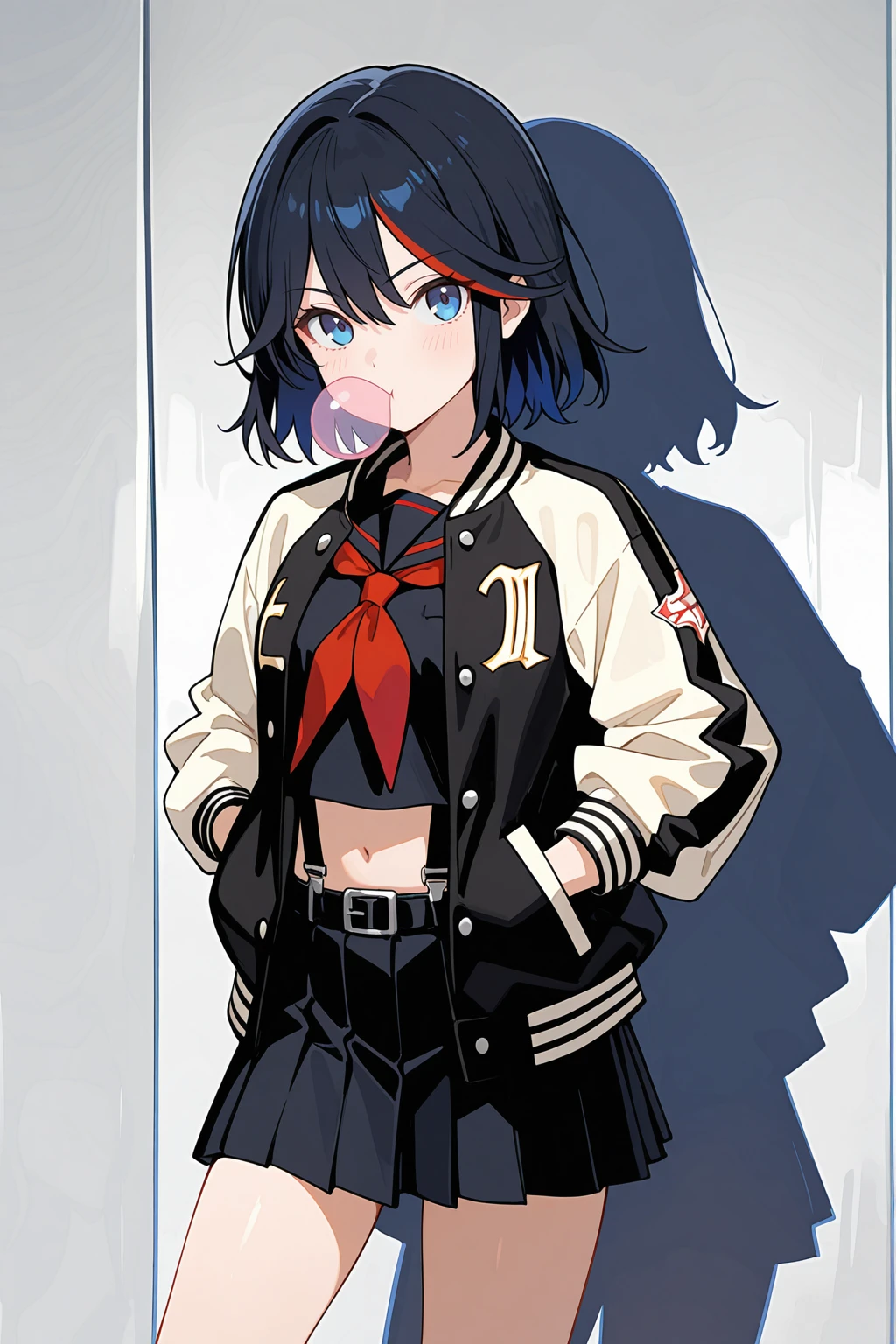 masterpiece, good quality, best quality, very awa, very as2, absurdres, highres
<lora:Ryuko MatoiIllustriousLoRA:1>mtoiryko, short hair, blue eyes, black hair, swept bangs, multicolored hair, streaked hair, black school uniform, suspenders, midriff, belt, skirt, Sneakers, hands in pockets, letterman jacket, red neckerchief, hands in pocket, leaning on a wal, chewing gum, cowboy shot