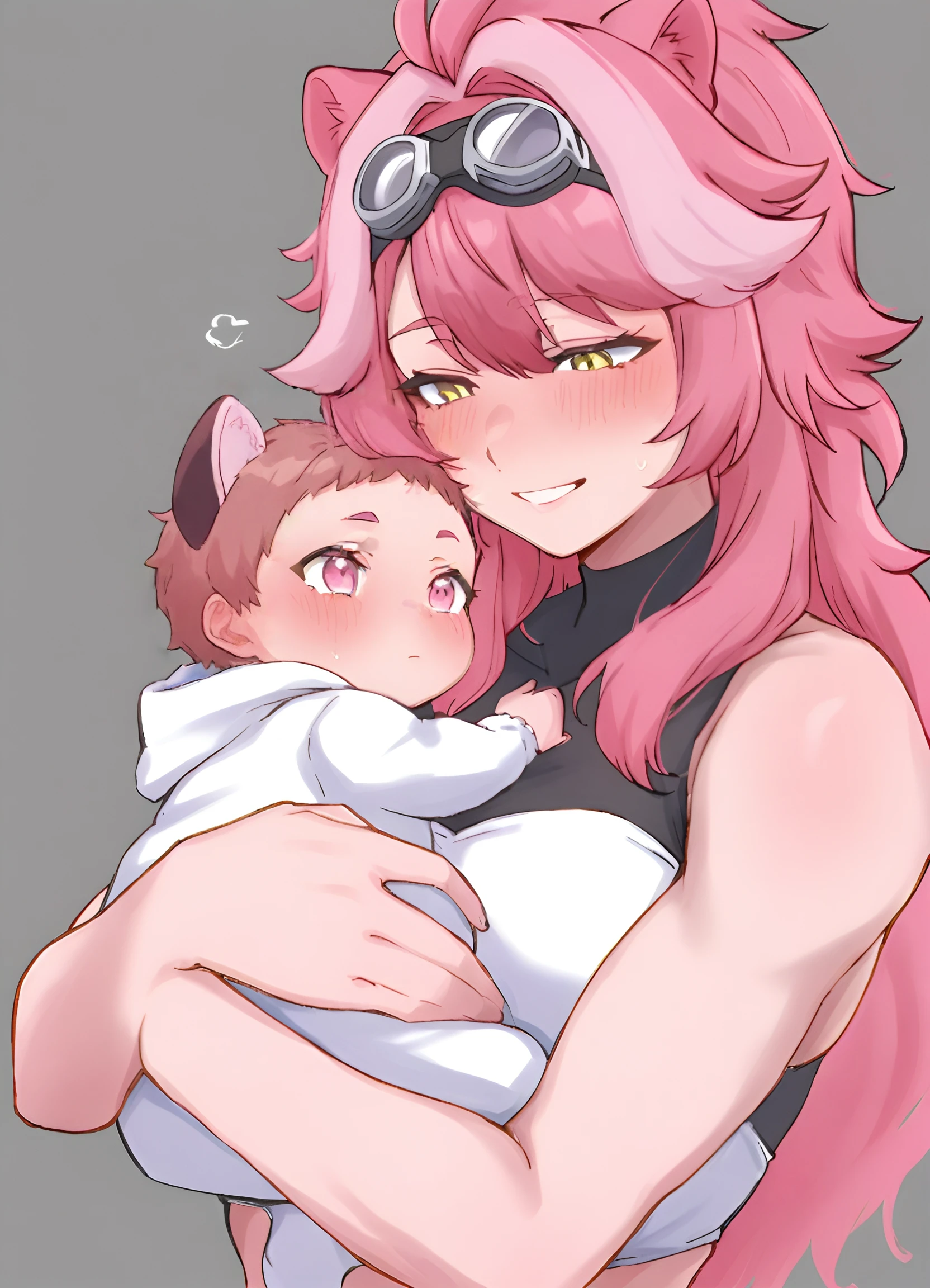 , detailed, detailed face, masterpiece, best quality, good quality, newest
,(1girl:1.2)
,Panko, brown hair, animal ears, pink eyes, wide tail, holding baby, , soft smile, blushing